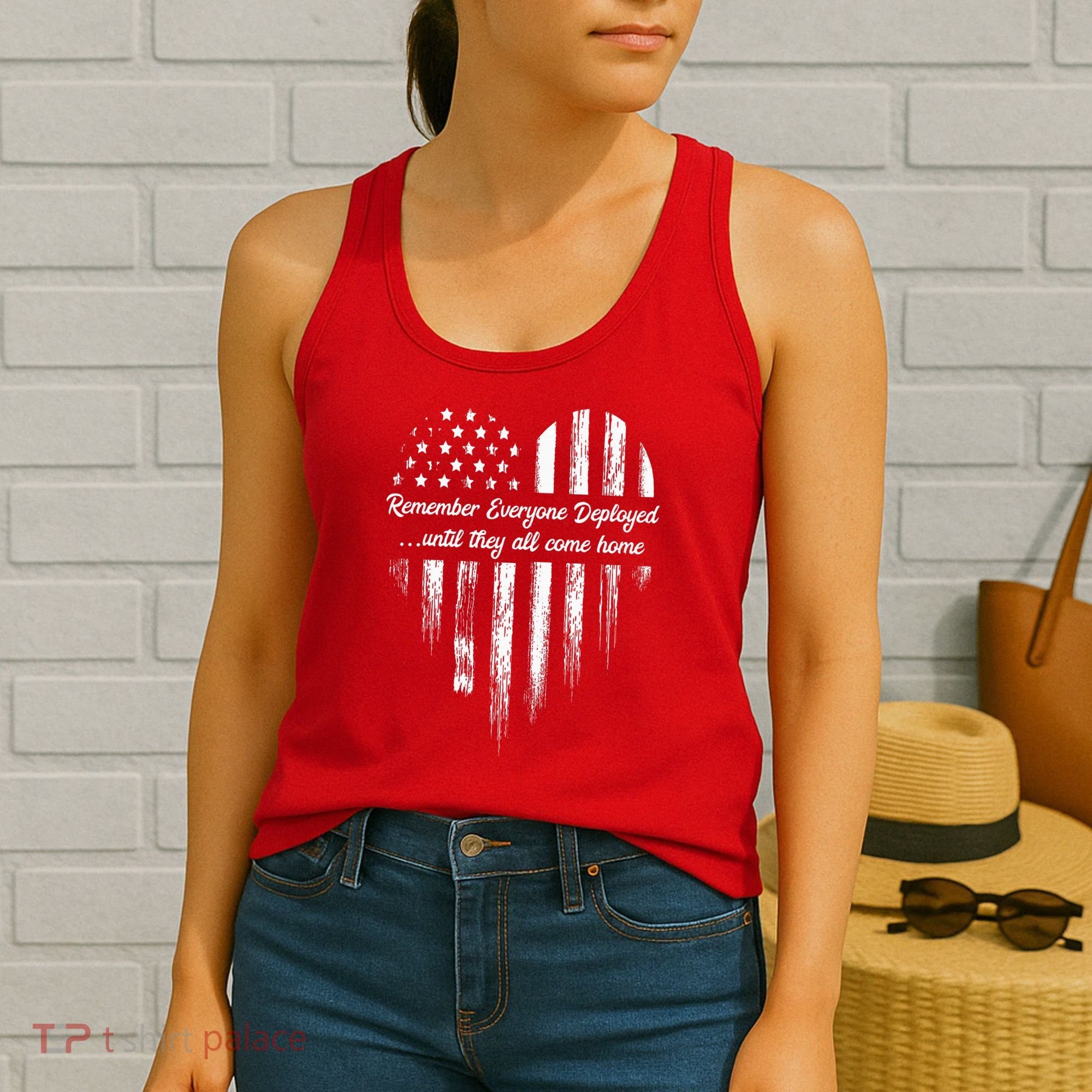 Red Friday Remember Everyone Deployed American Flag Heart Women's Tank Top