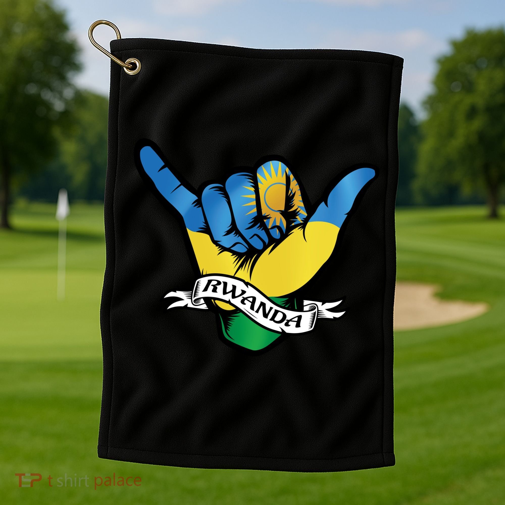 Rwanda Flag Shaka Hand Symbol Golf Towel
