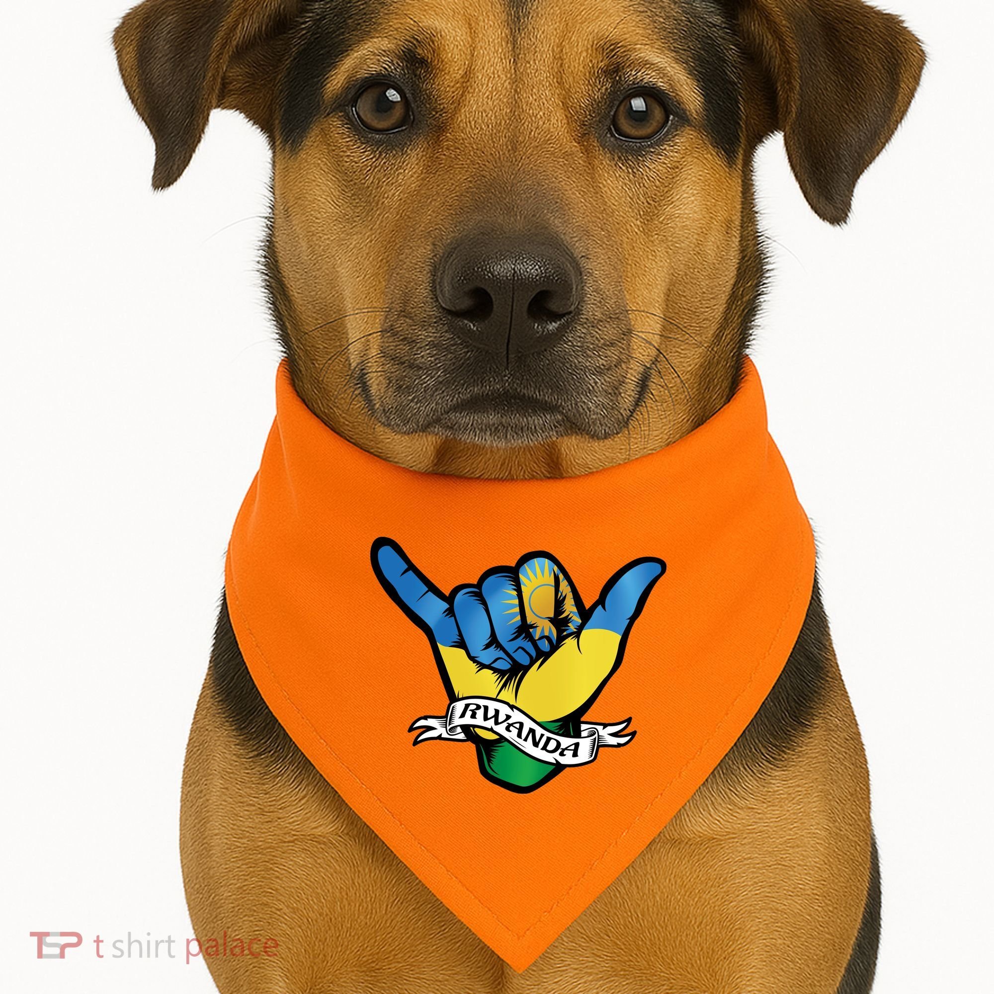 Rwanda Flag Shaka Hand Symbol USA-Made Doggie Bandana