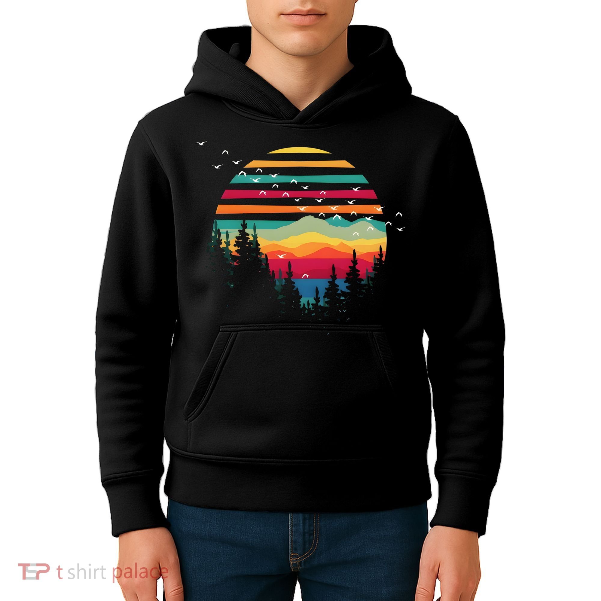 Retro Forest Sunset Nature Valley Kids Hoodie