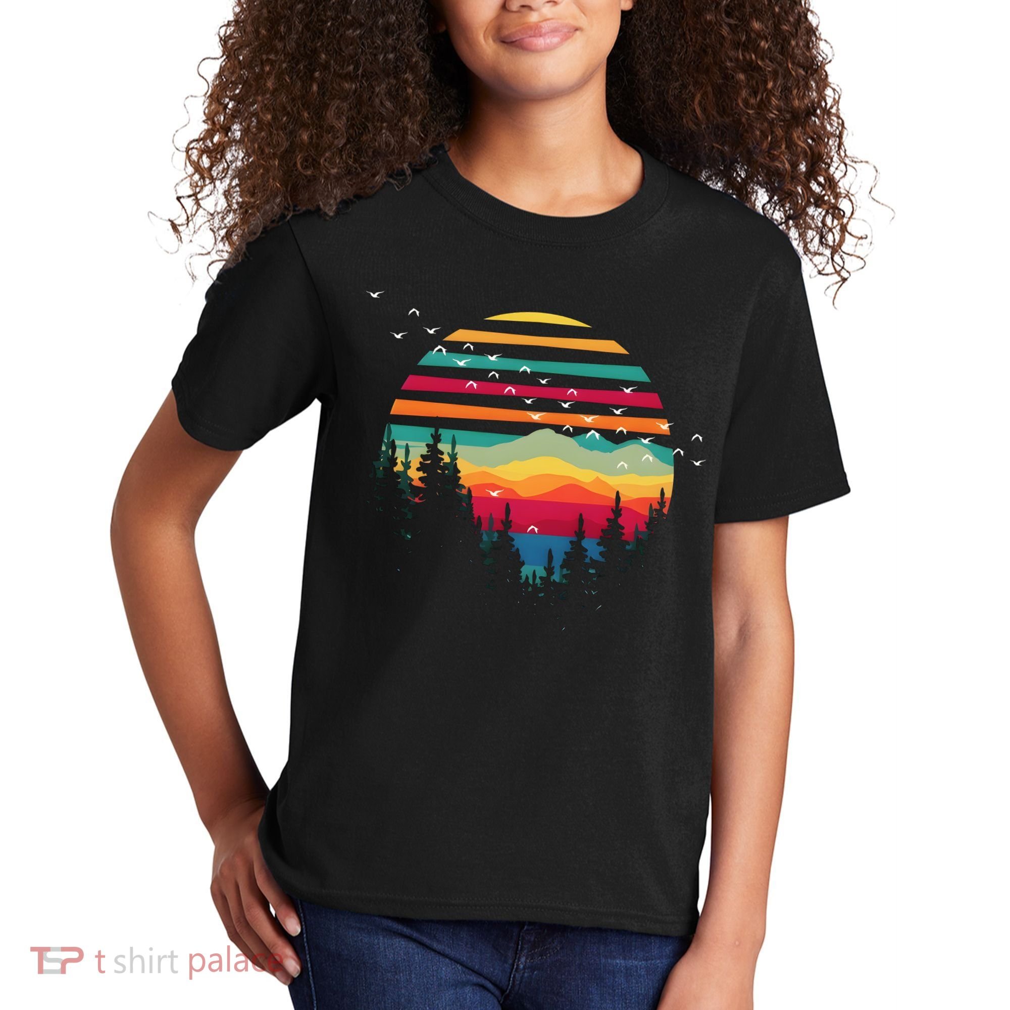 Retro Forest Sunset Nature Valley Kids T-Shirt