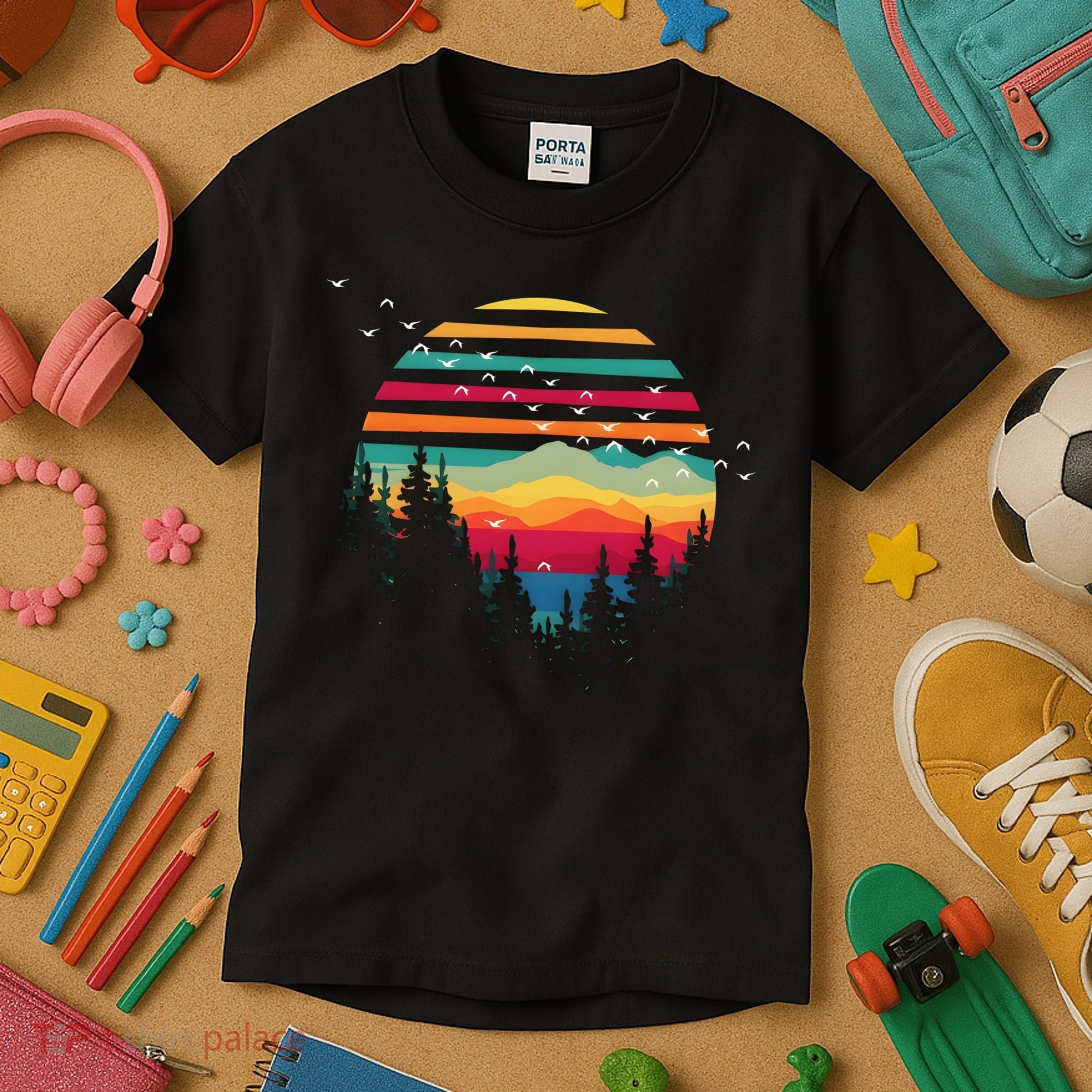 Retro Forest Sunset Nature Valley Kids T-Shirt