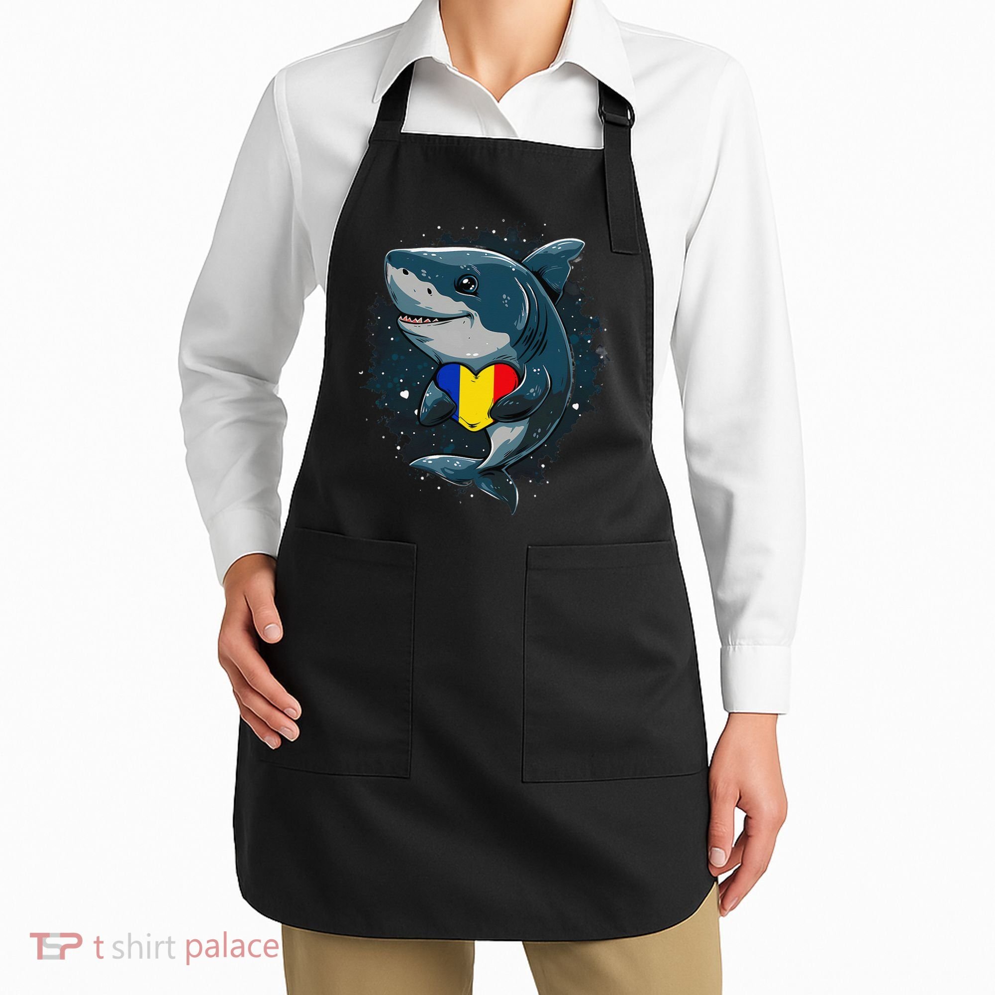 Romania Flag Shark Romanian Roots Heart Romanian Pride Apron