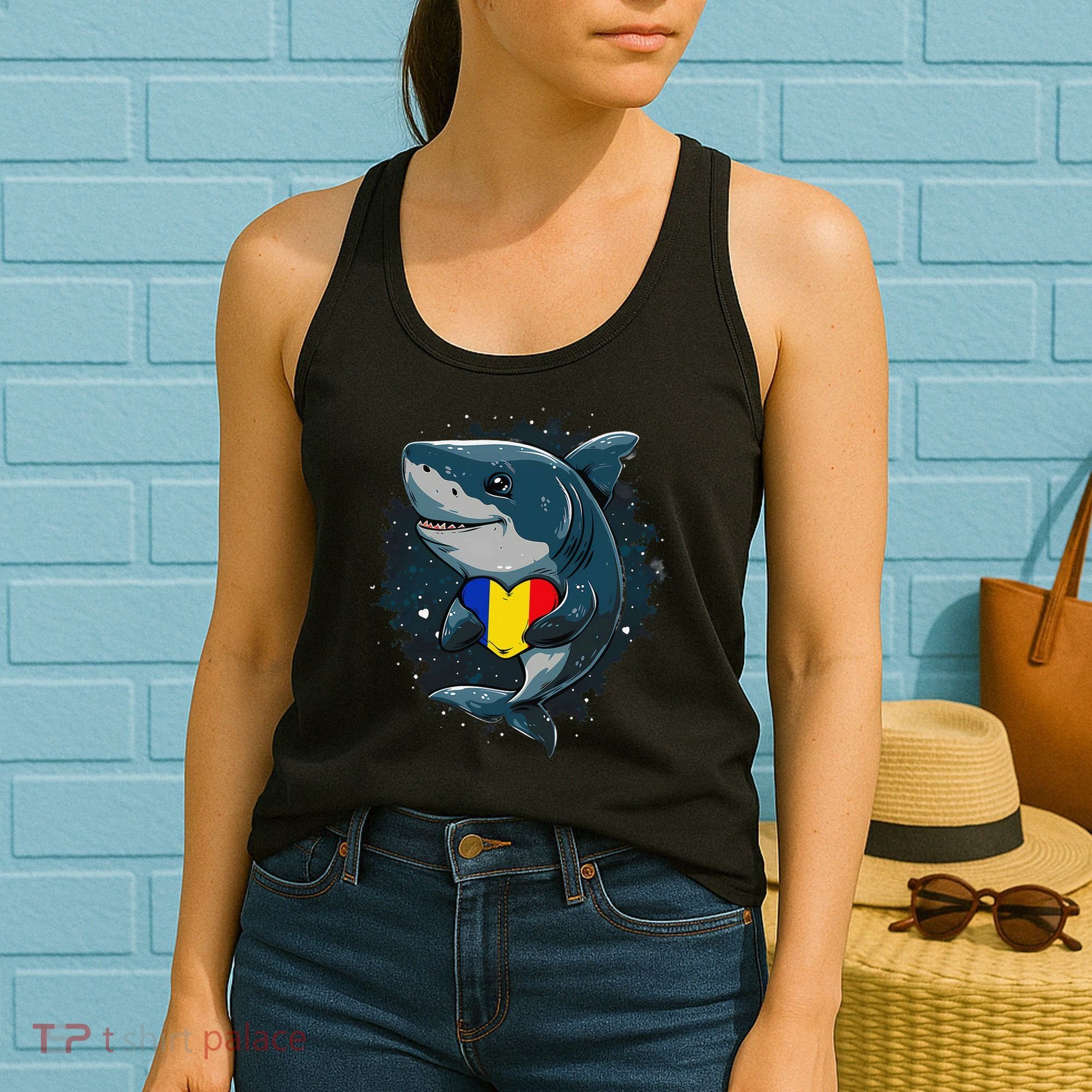 Romania Flag Shark Romanian Roots Heart Romanian Pride Women's Tank Top