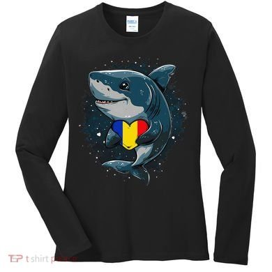 Romania Flag Shark Romanian Roots Heart Romanian Pride Women's Long Sleeve Shirt