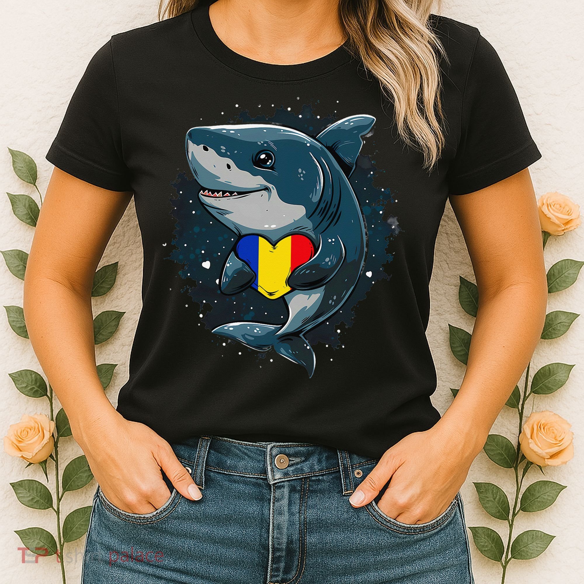 Romania Flag Shark Romanian Roots Heart Romanian Pride Women's T-Shirt