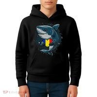 Romania Flag Shark Romanian Roots Heart Romanian Pride Kids Hoodie thumb 4