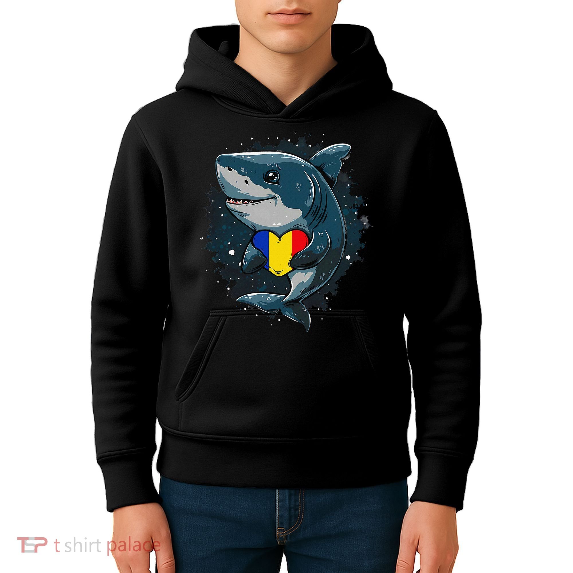 Romania Flag Shark Romanian Roots Heart Romanian Pride Kids Hoodie
