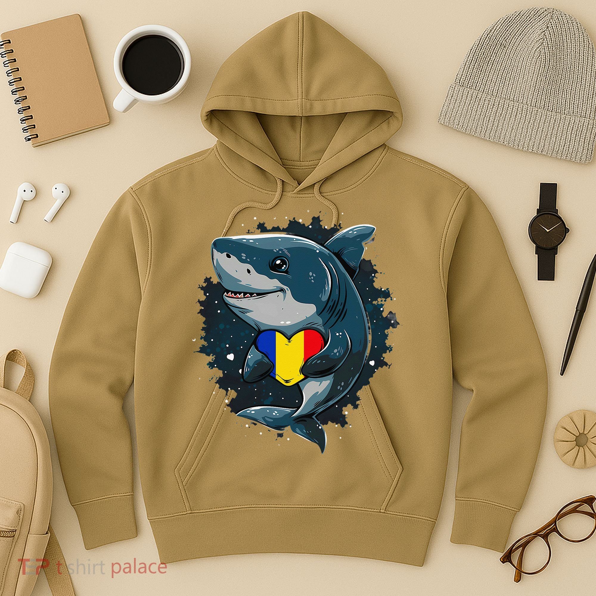 Romania Flag Shark Romanian Roots Heart Romanian Pride Hoodie