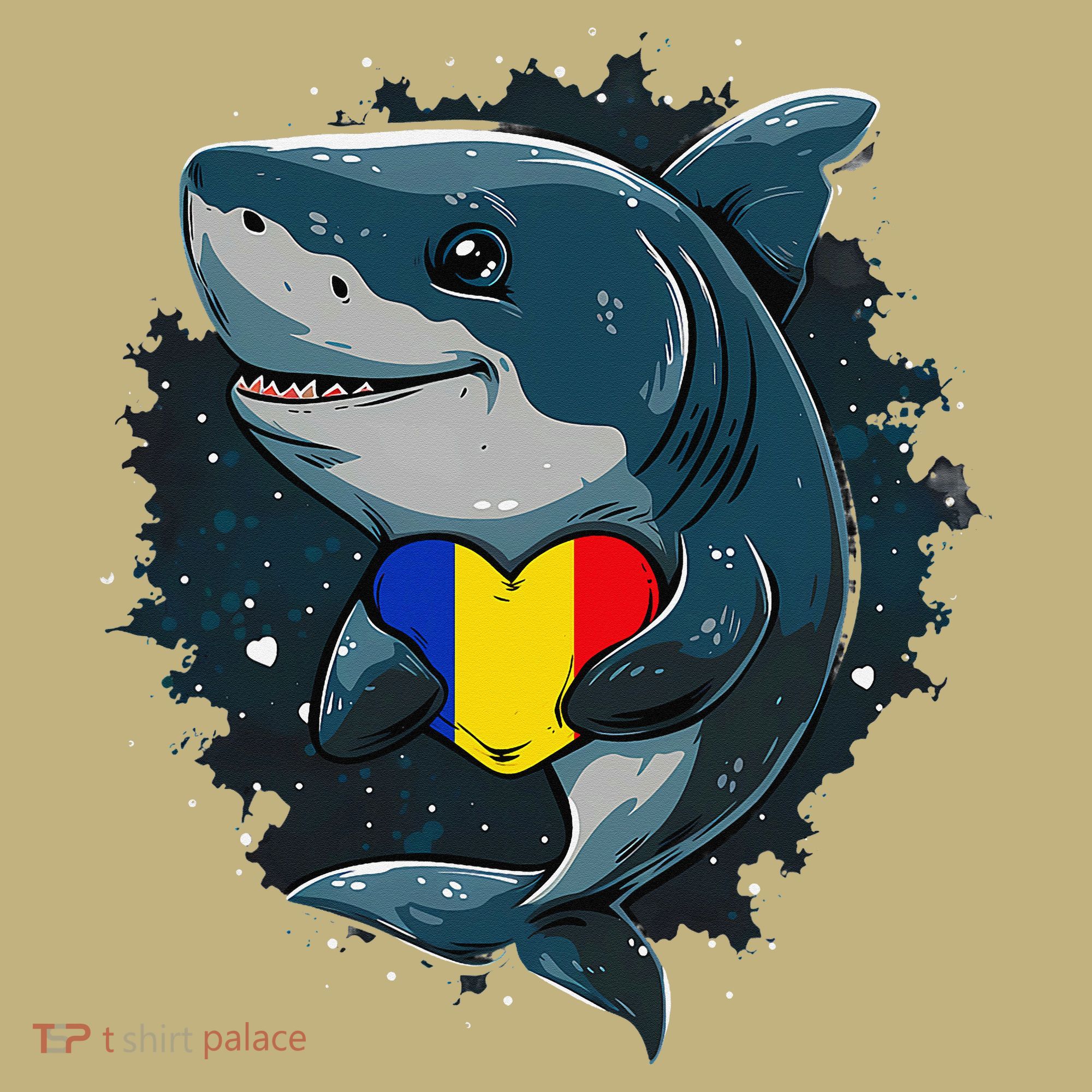 Romania Flag Shark Romanian Roots Heart Romanian Pride Kids T-Shirt