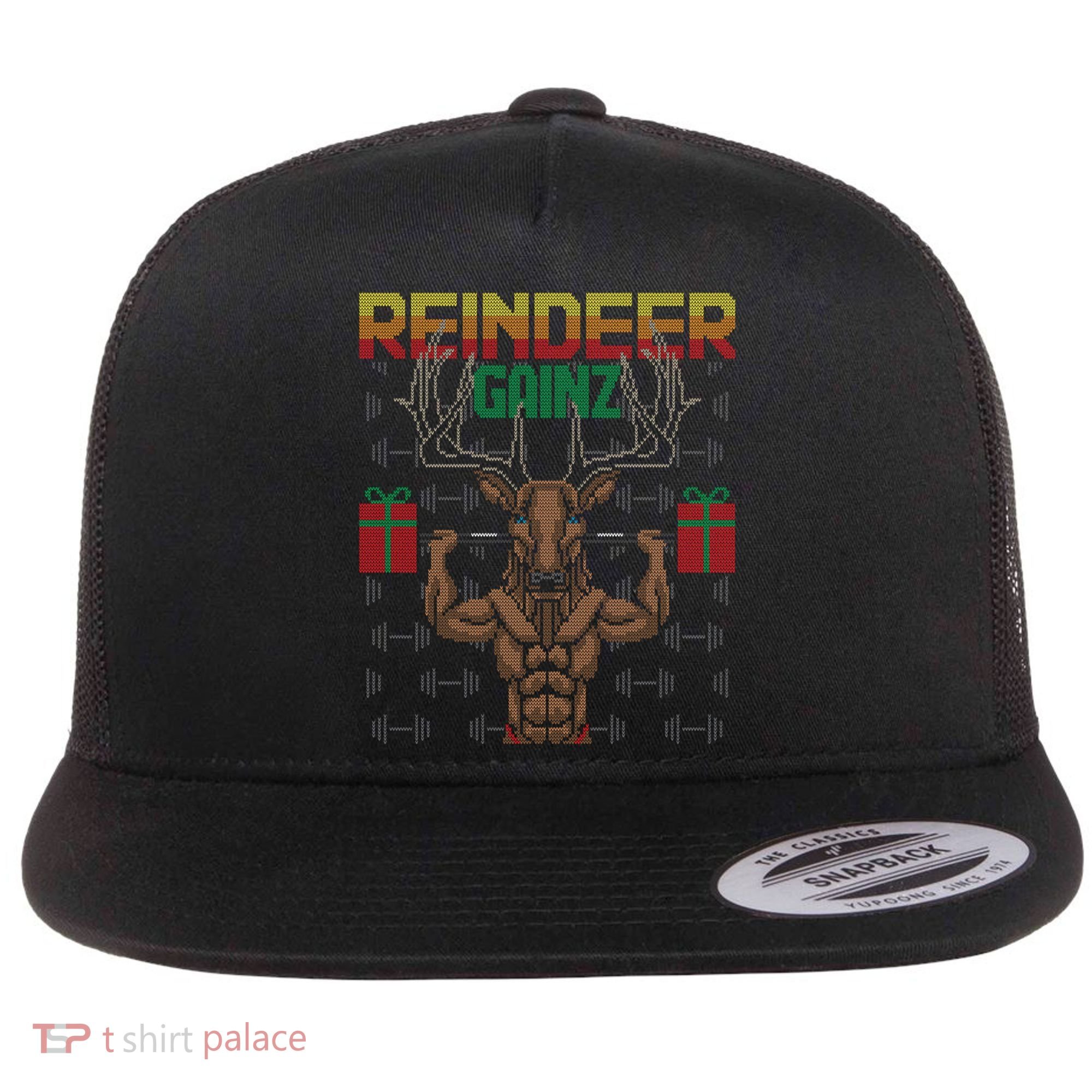 Reindeer Gainz Brodolf Ugly Christmas Sweater Gym Workout Great Gift Flat Bill Trucker Hat