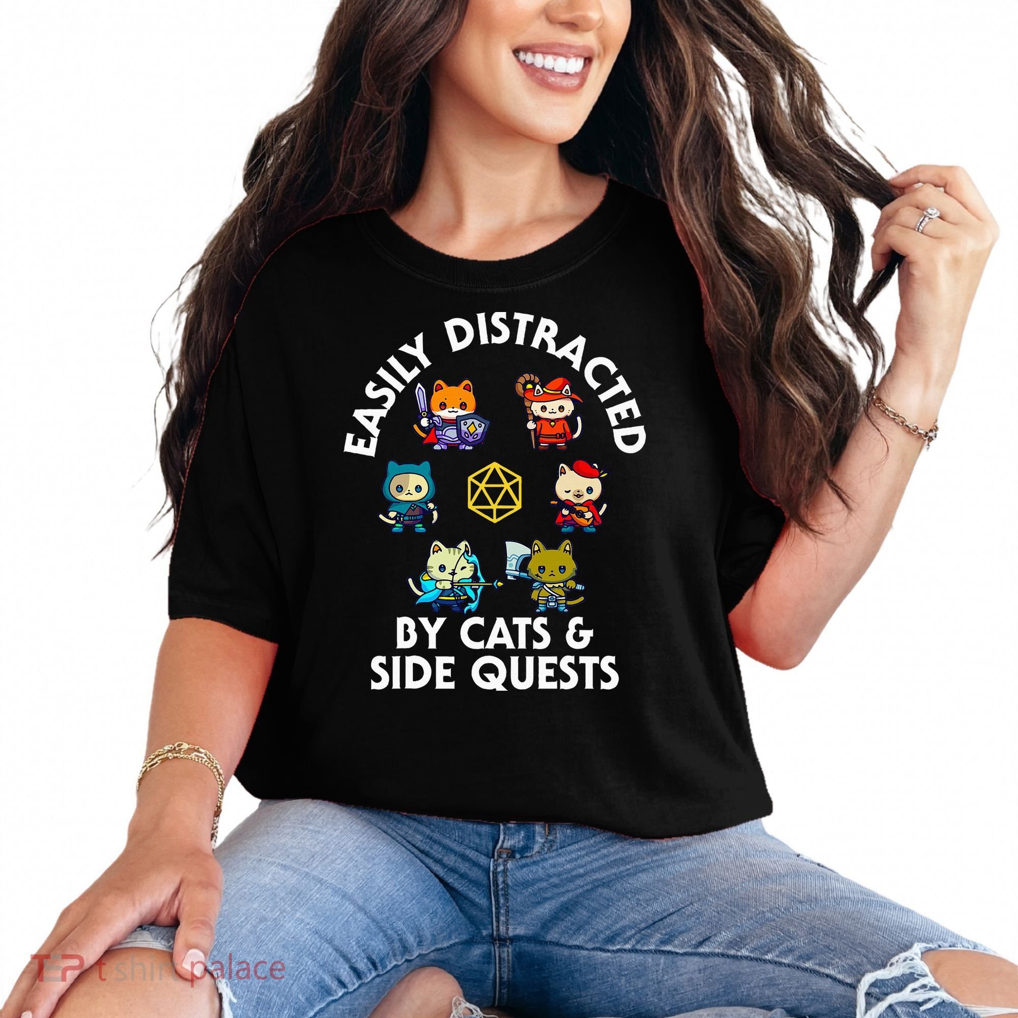 Rpg Gamer Cats Side Quests D20 Dice Nerdy Cat Comfort Colors T-Shirt