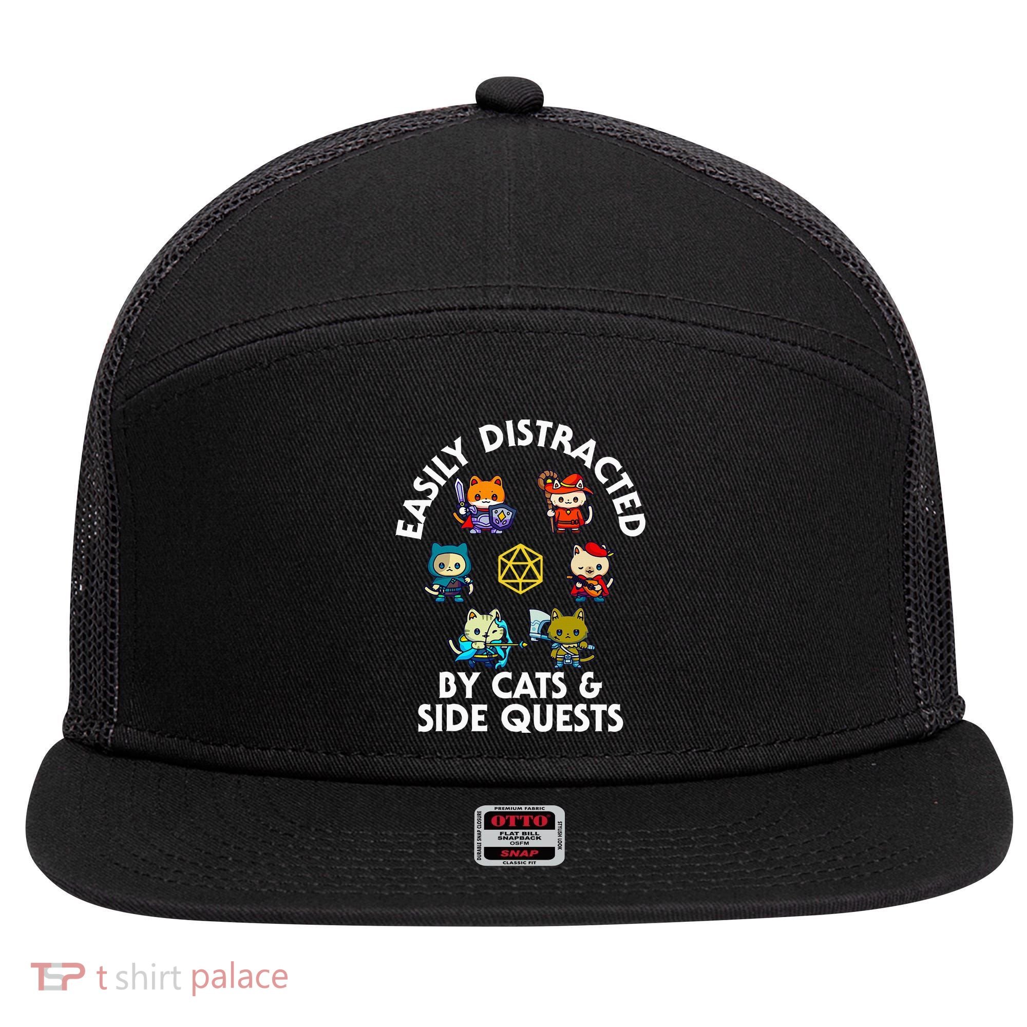 Rpg Gamer Cats Side Quests D20 Dice Nerdy Cat 7 Panel Mesh Trucker Snapback Hat