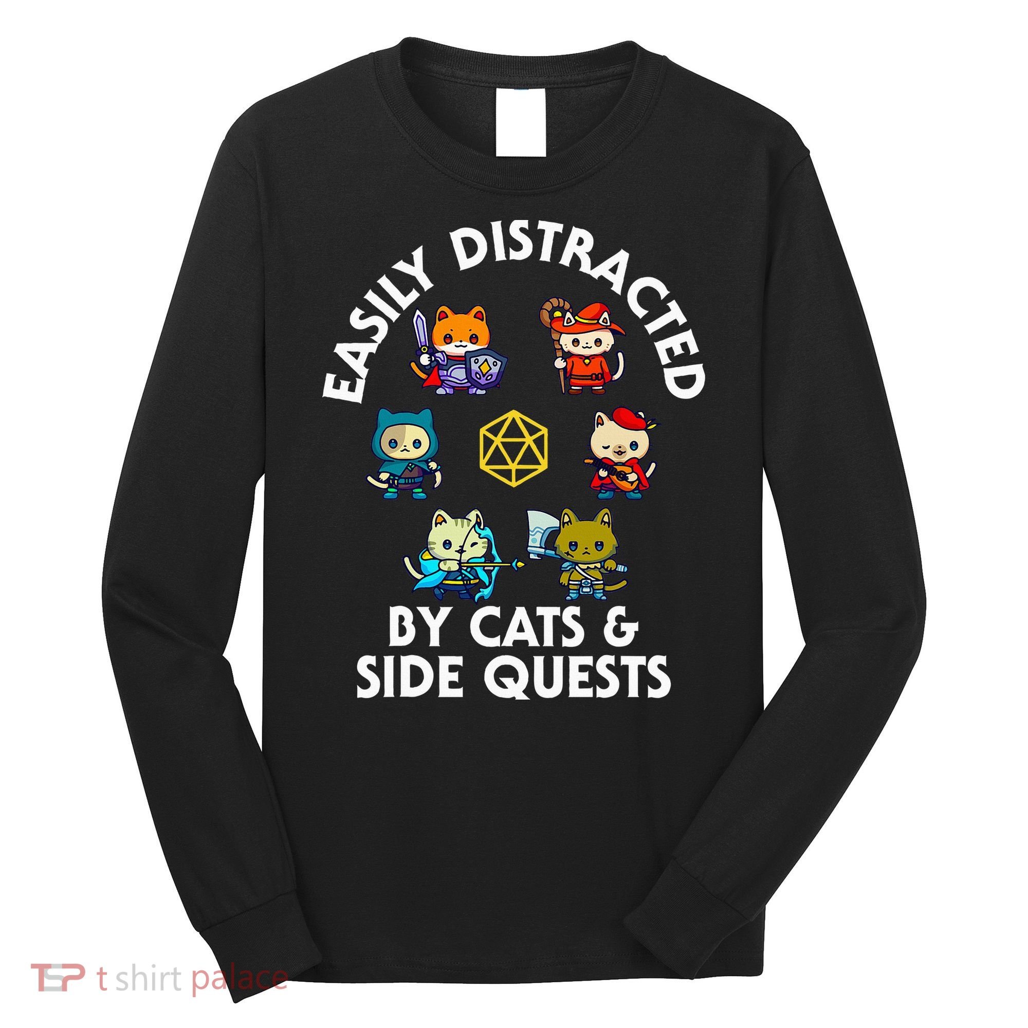 Rpg Gamer Cats Side Quests D20 Dice Nerdy Cat Long Sleeve Shirt