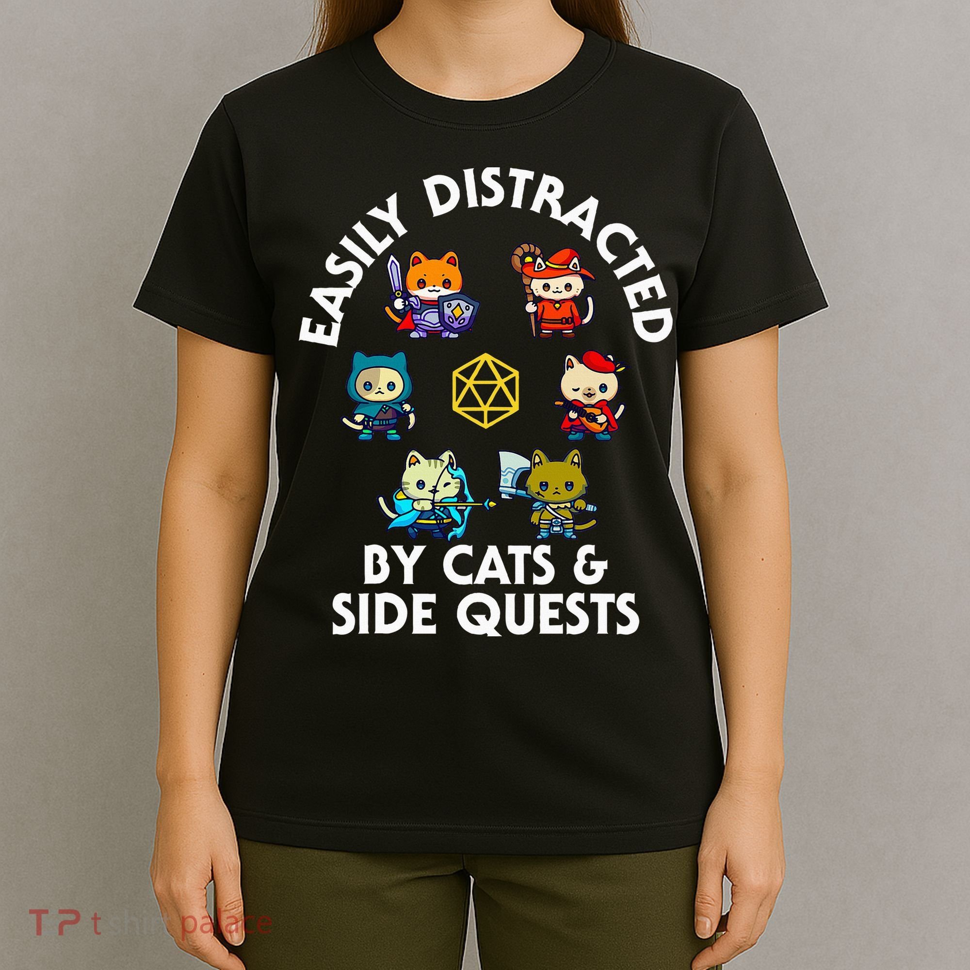 Rpg Gamer Cats Side Quests D20 Dice Nerdy Cat T-Shirt