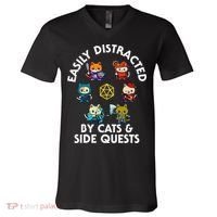 Rpg Gamer Cats Side Quests D20 Dice Nerdy Cat V-Neck T-Shirt thumb 0