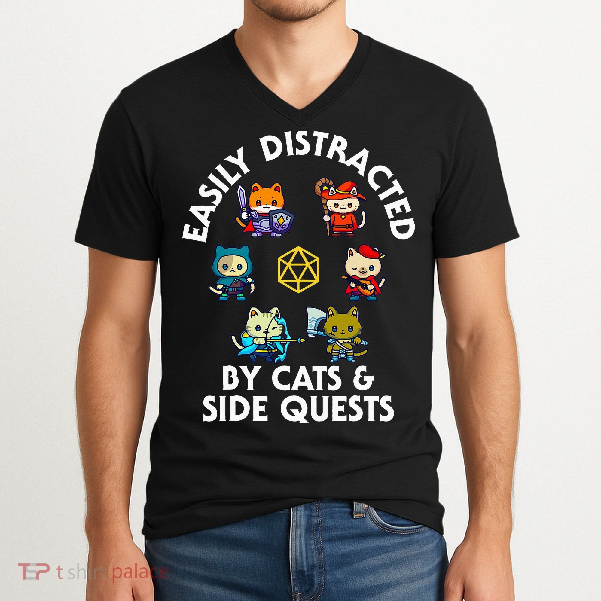 Rpg Gamer Cats Side Quests D20 Dice Nerdy Cat V-Neck T-Shirt
