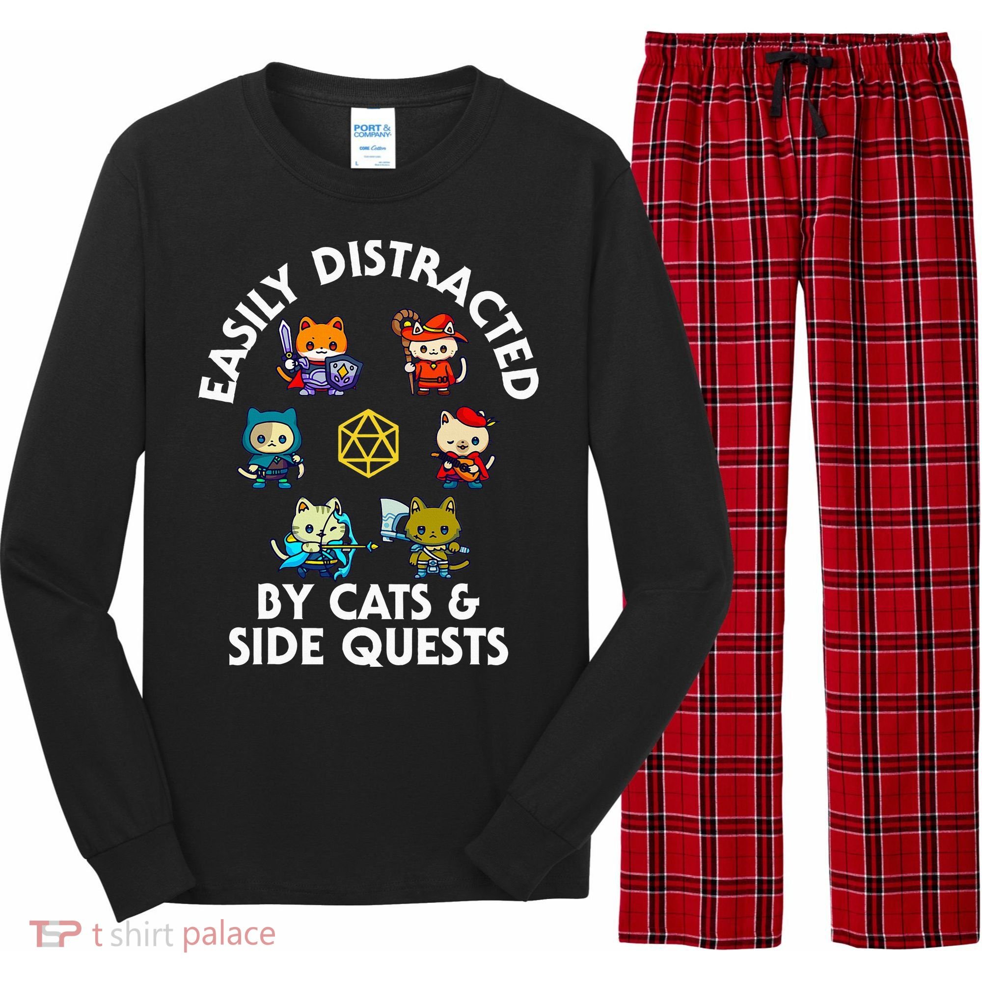 Rpg Gamer Cats Side Quests D20 Dice Nerdy Cat Long Sleeve Pajama Set