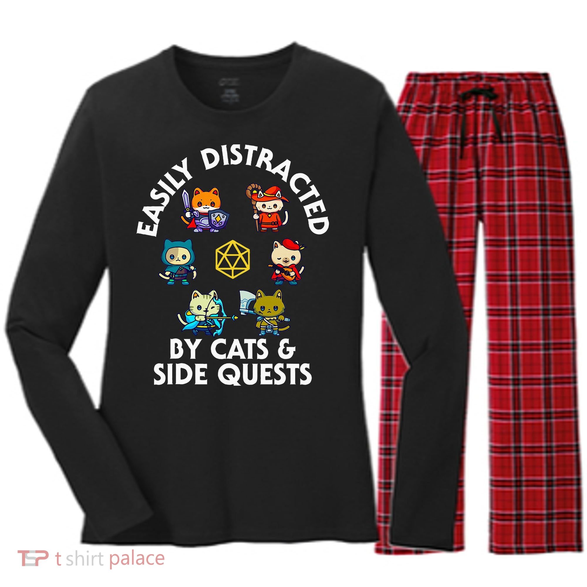 Rpg Gamer Cats Side Quests D20 Dice Nerdy Cat Women's Long Sleeve Flannel Pajama Set 
