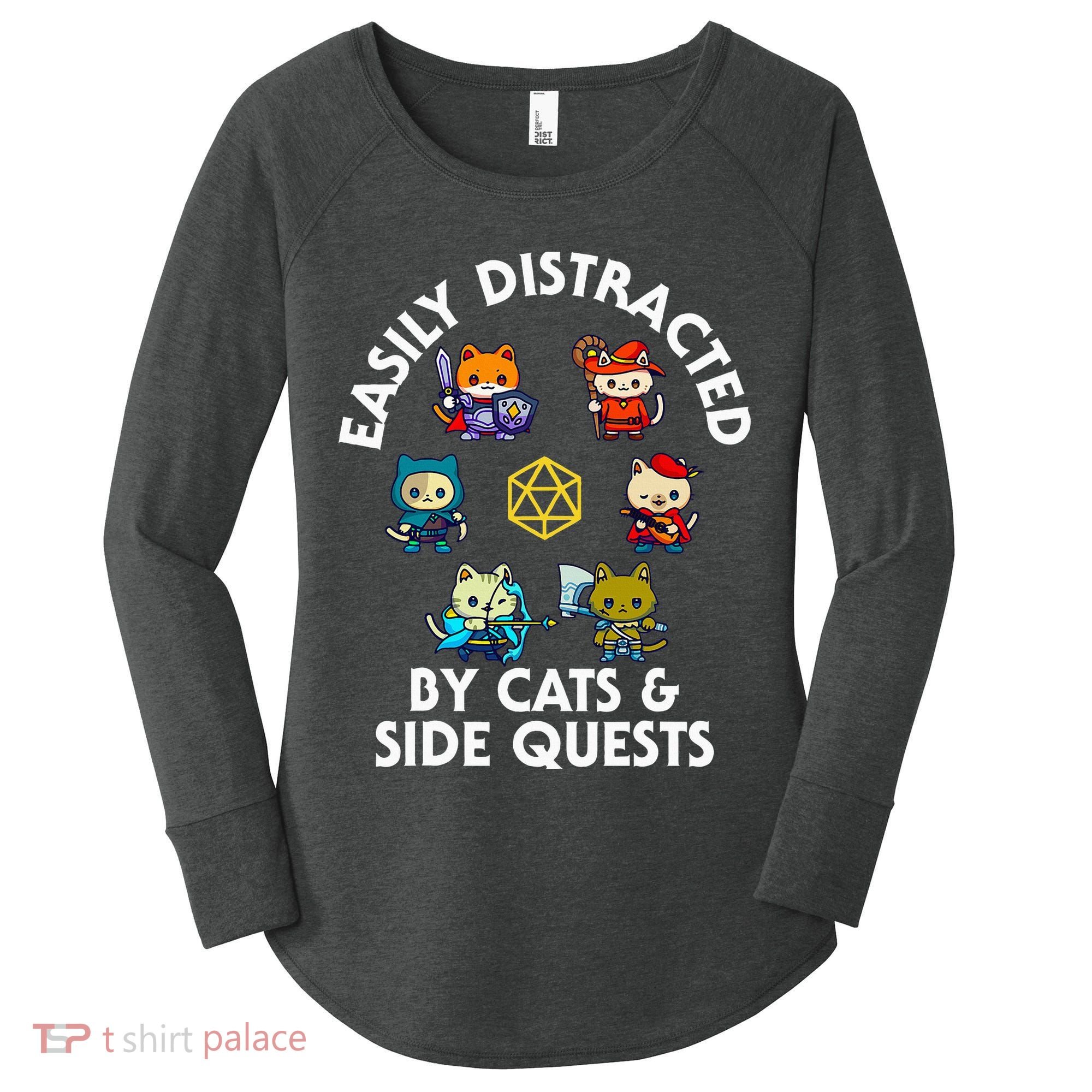 Rpg Gamer Cats Side Quests D20 Dice Nerdy Cat Women's Perfect Tri Tunic Long Sleeve Shirt