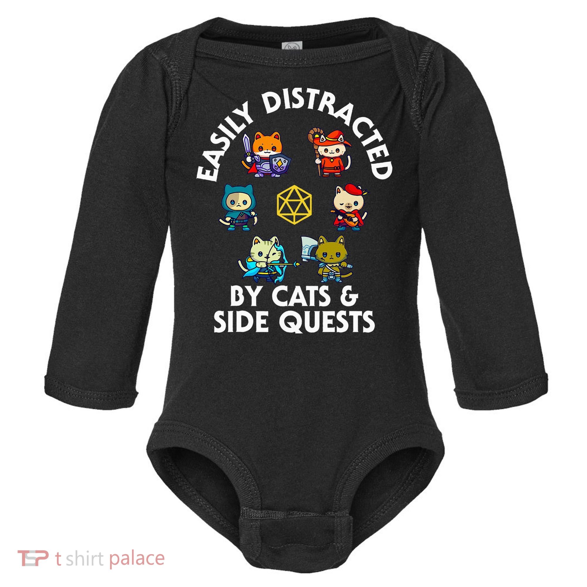 Rpg Gamer Cats Side Quests D20 Dice Nerdy Cat Baby Long Sleeve Bodysuit