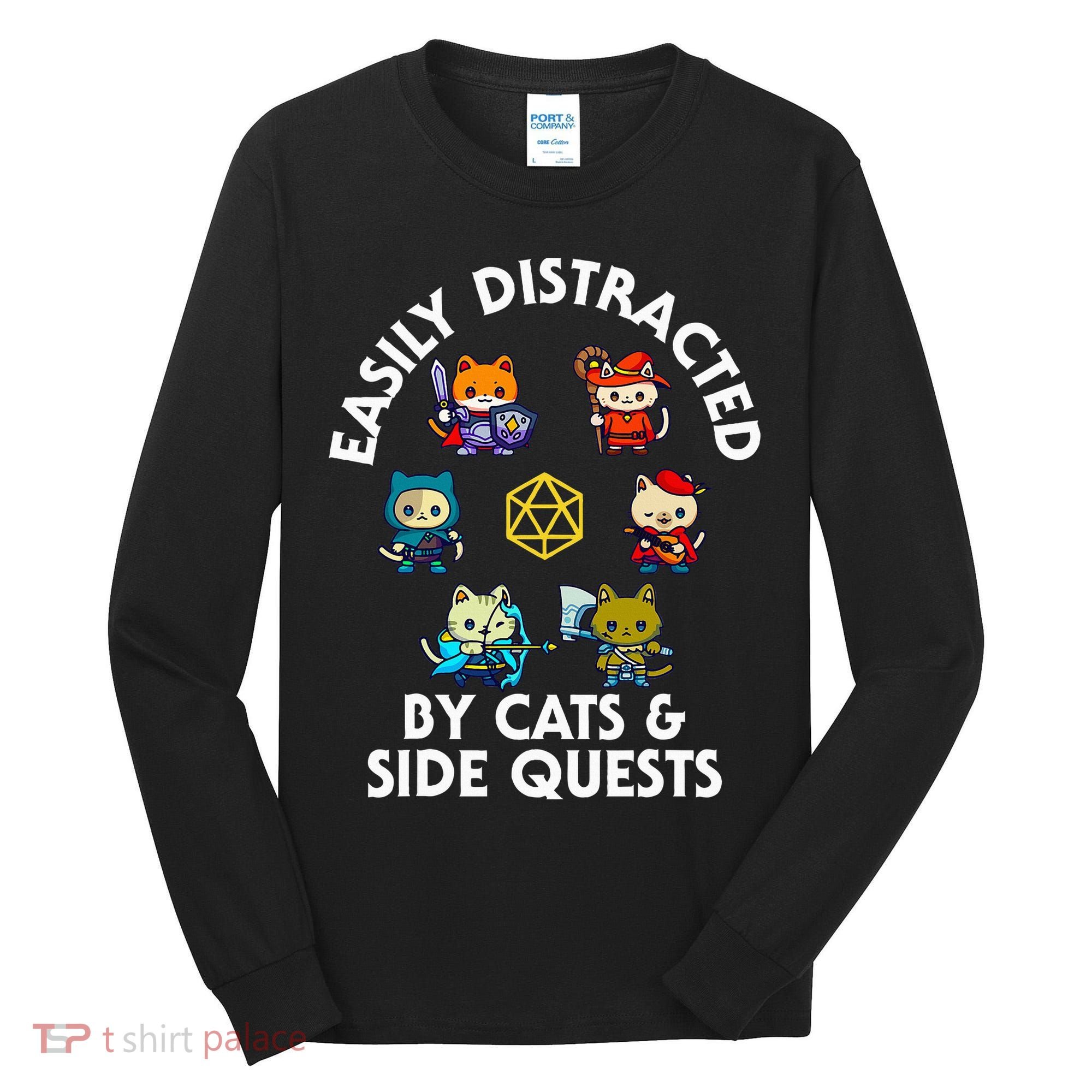 Rpg Gamer Cats Side Quests D20 Dice Nerdy Cat Tall Long Sleeve Shirt