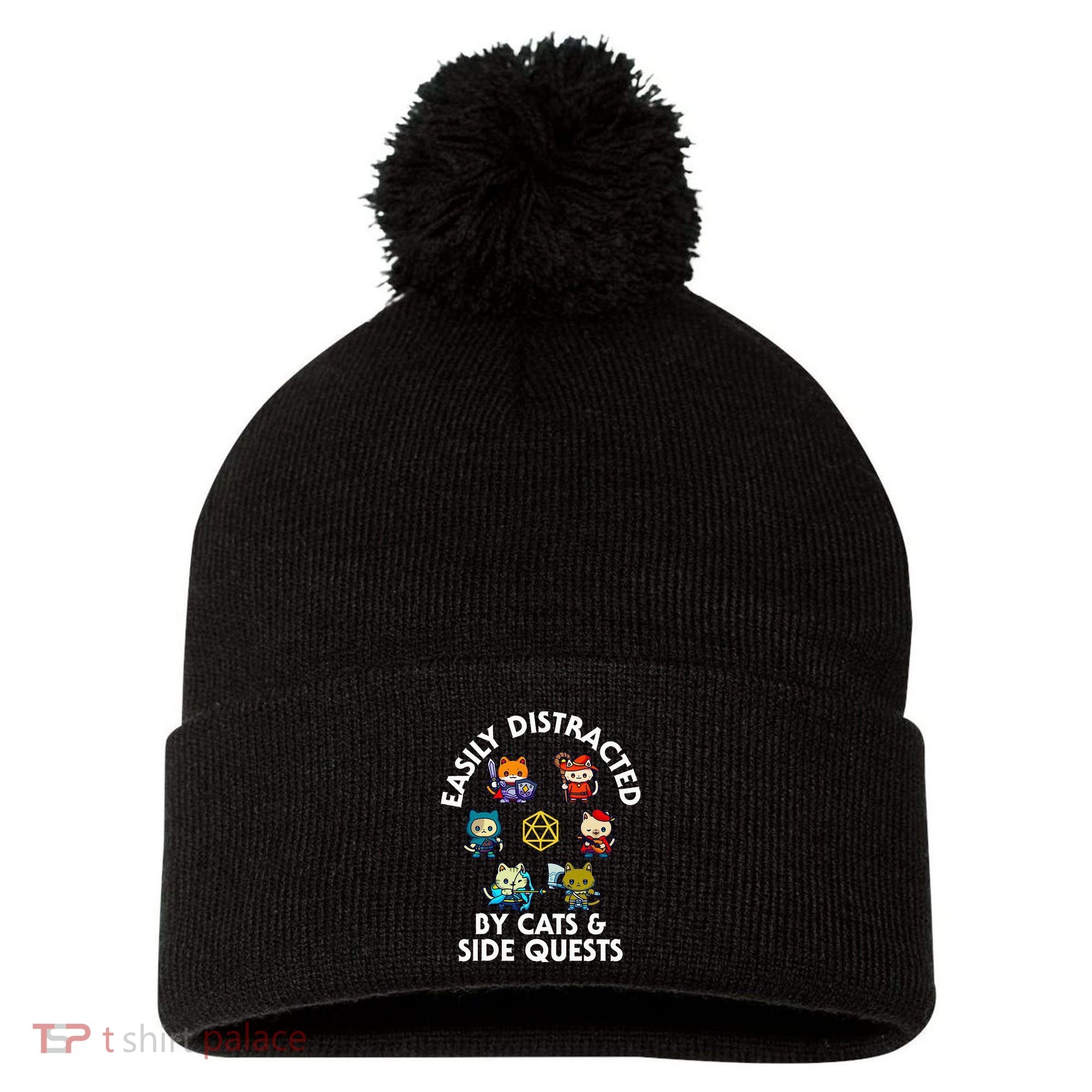 Rpg Gamer Cats Side Quests D20 Dice Nerdy Cat Pom Pom 12in Knit Beanie