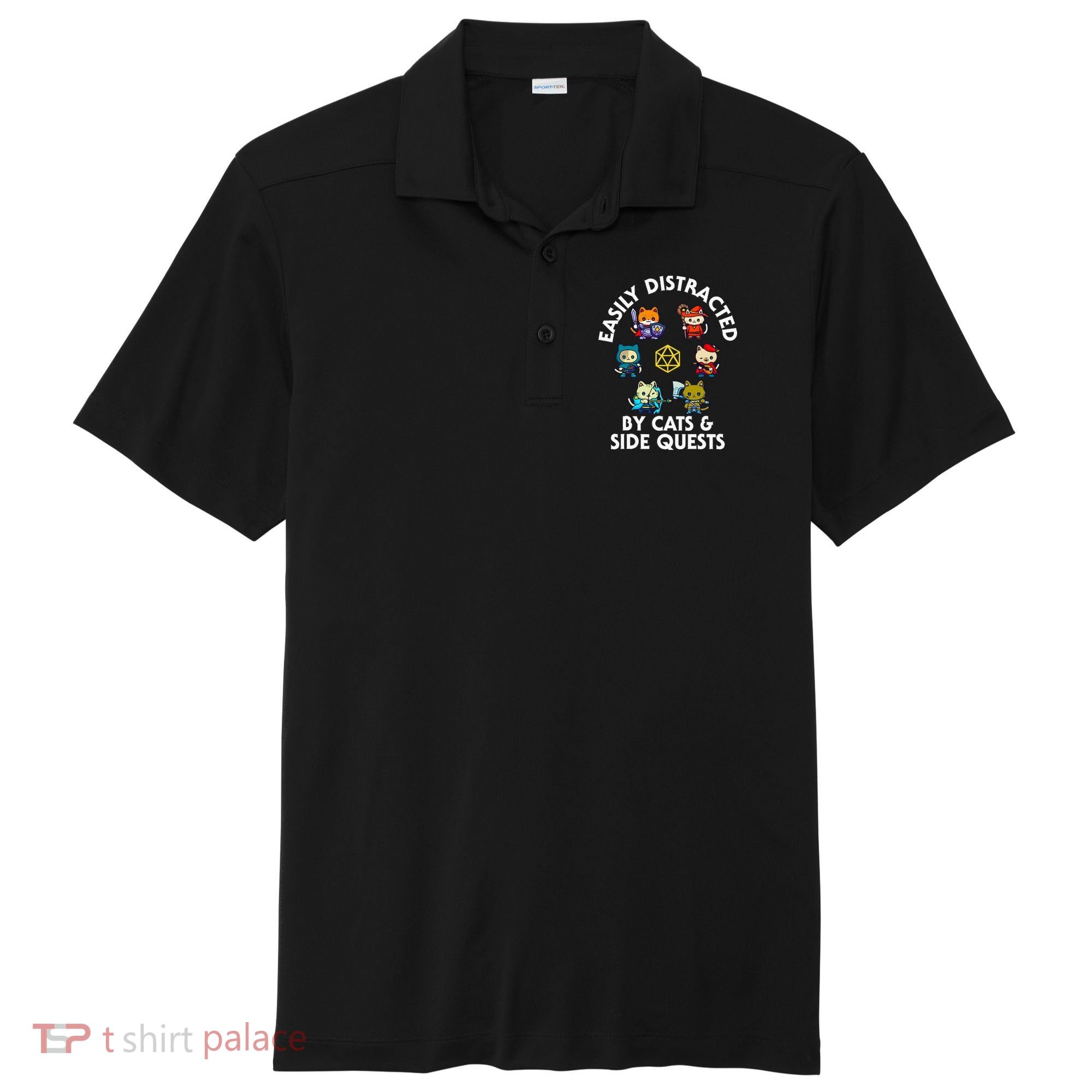 Rpg Gamer Cats Side Quests D20 Dice Nerdy Cat Sport-Tek Posi-UV Pro Polo