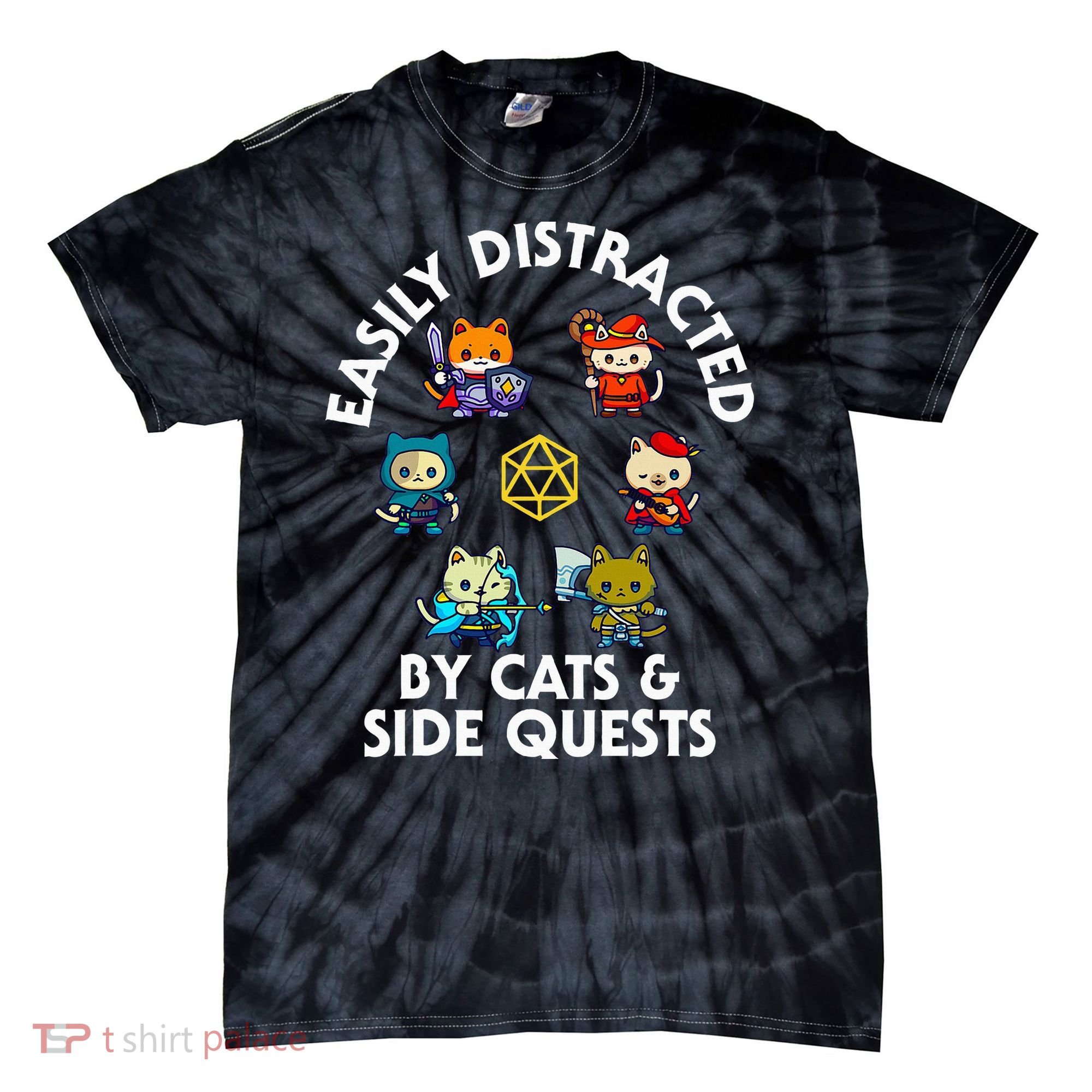 Rpg Gamer Cats Side Quests D20 Dice Nerdy Cat Tie-Dye T-Shirt