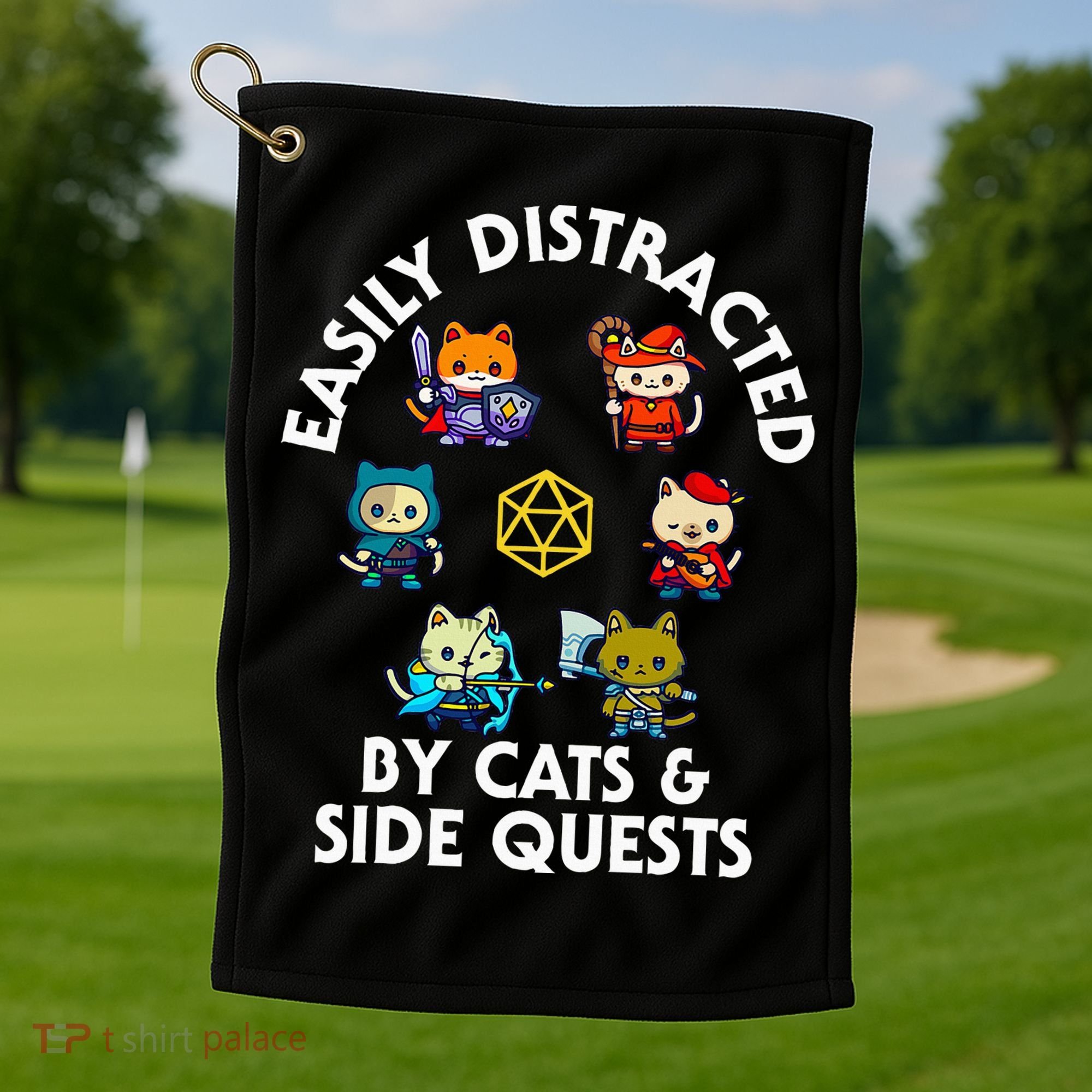 Rpg Gamer Cats Side Quests D20 Dice Nerdy Cat Golf Towel