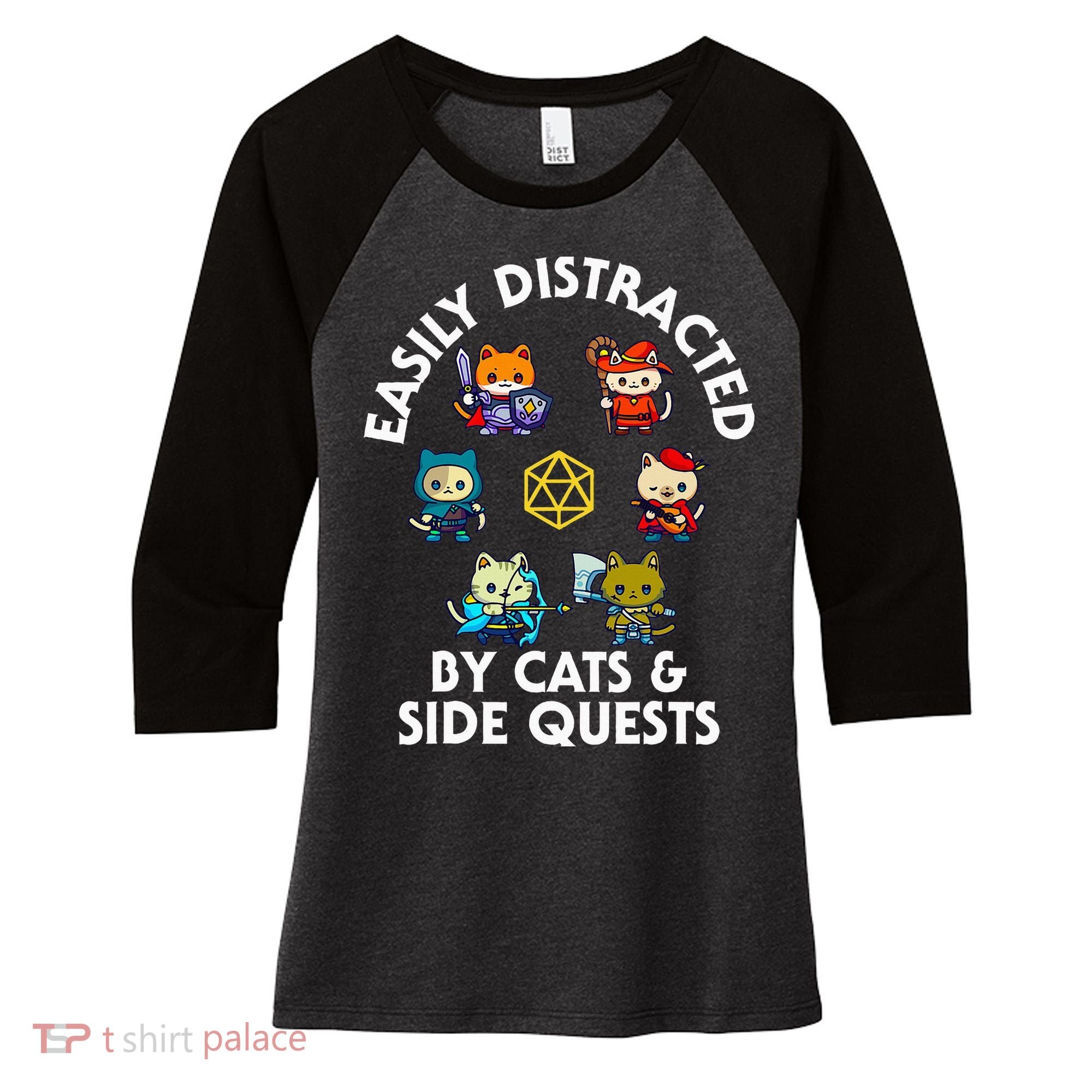 Rpg Gamer Cats Side Quests D20 Dice Nerdy Cat Women's Tri-Blend 3/4-Sleeve Raglan Shirt