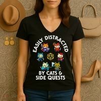 Rpg Gamer Cats Side Quests D20 Dice Nerdy Cat Women's V-Neck T-Shirt thumb 3
