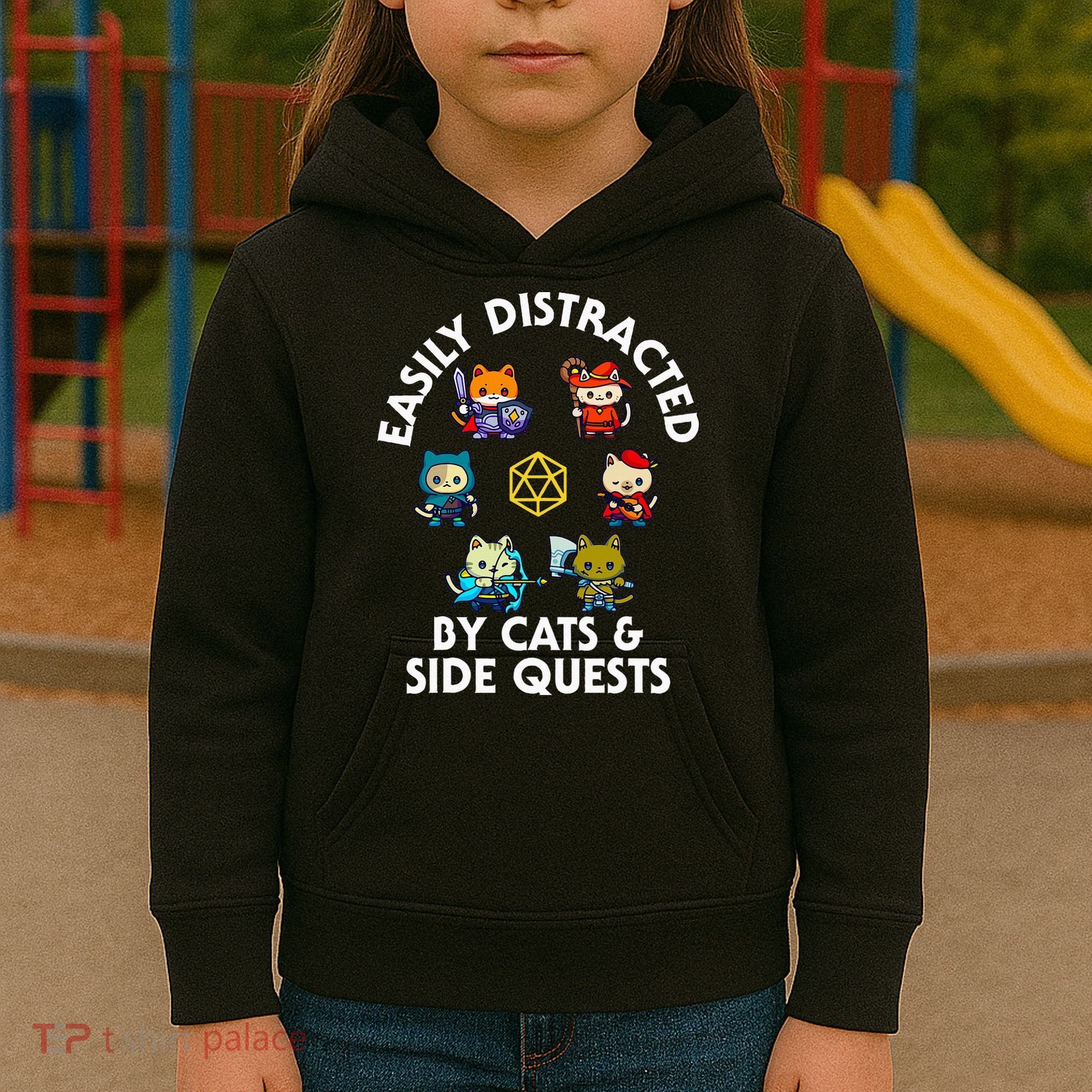Rpg Gamer Cats Side Quests D20 Dice Nerdy Cat Kids Hoodie