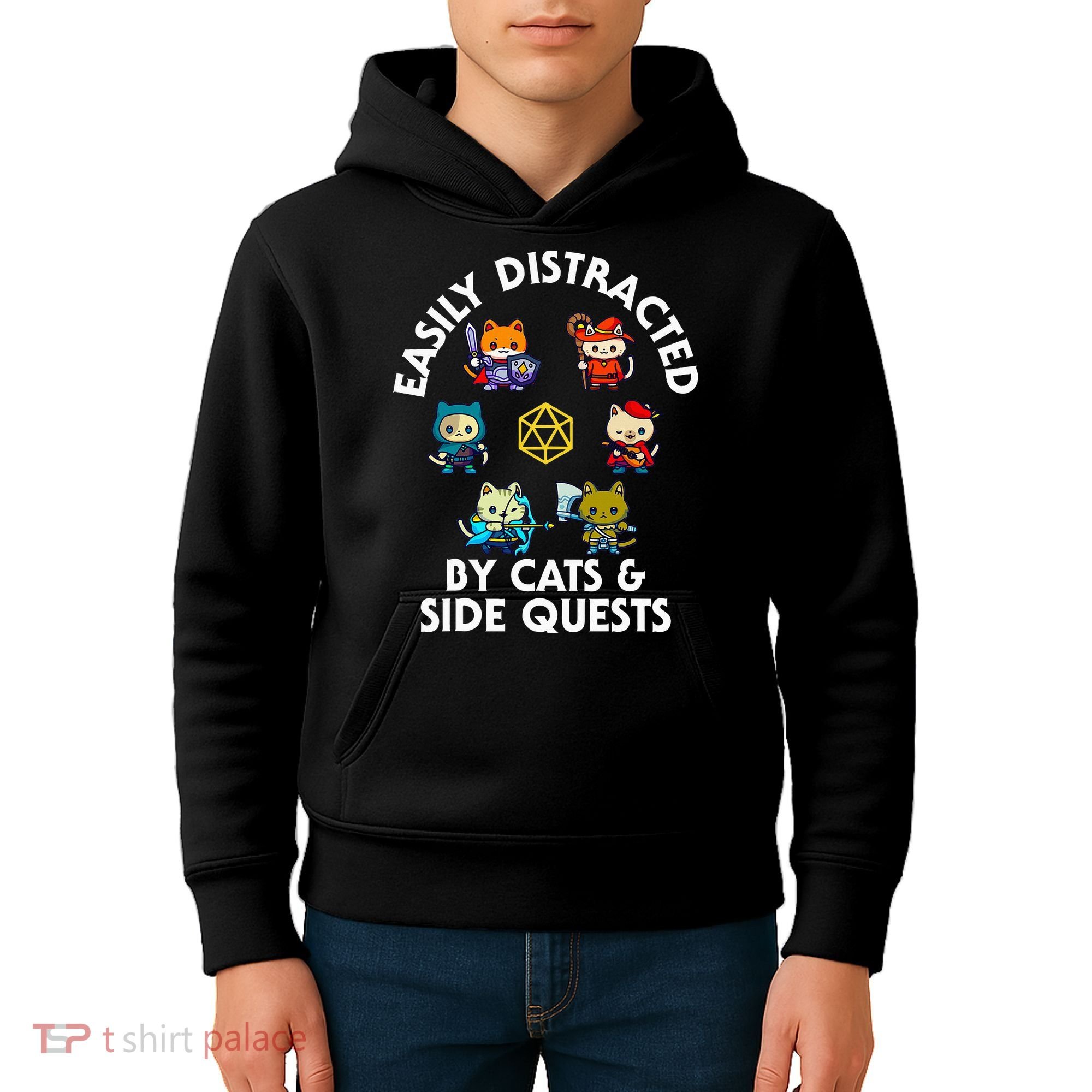 Rpg Gamer Cats Side Quests D20 Dice Nerdy Cat Kids Hoodie