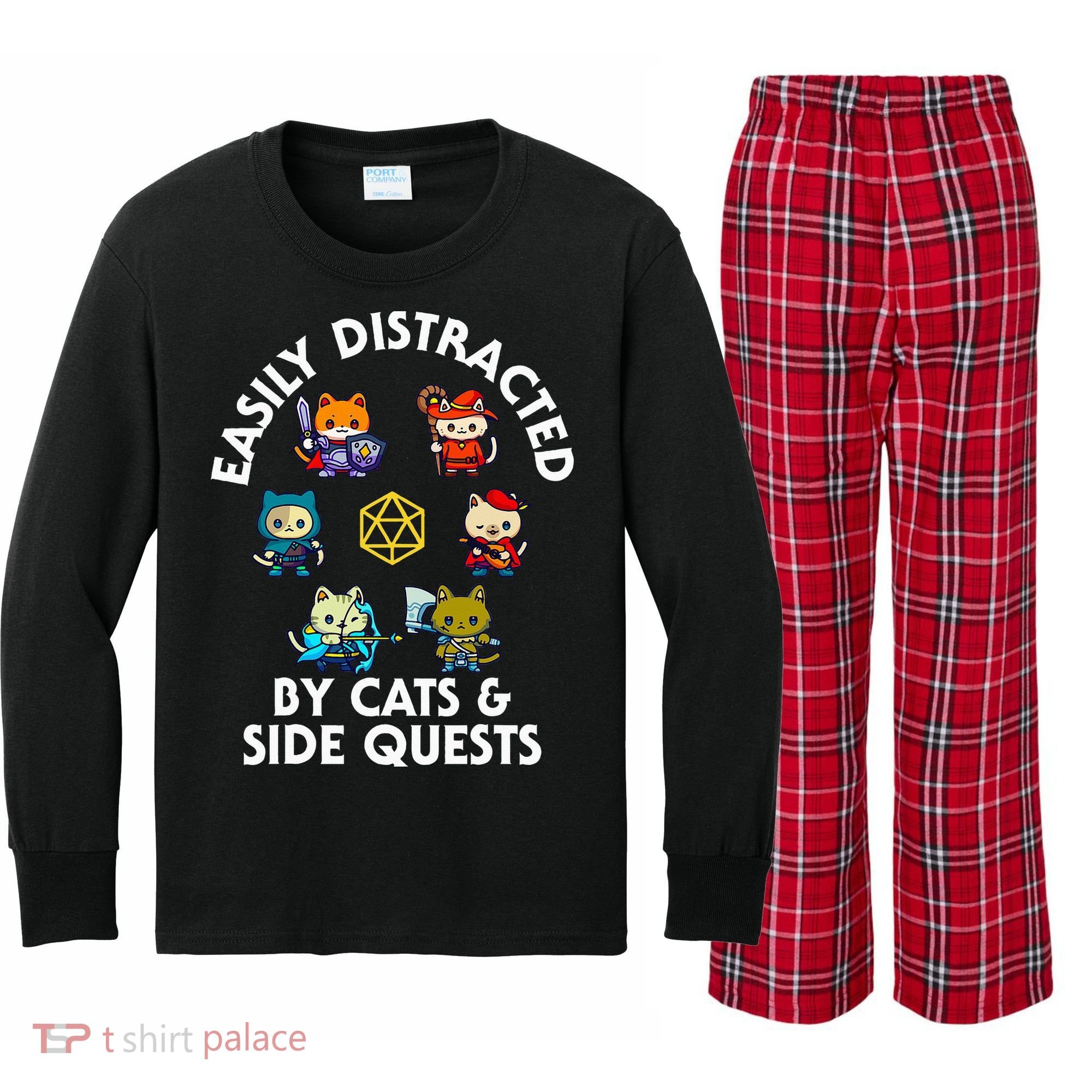 Rpg Gamer Cats Side Quests D20 Dice Nerdy Cat Kids Long Sleeve Plaid Pajama Set