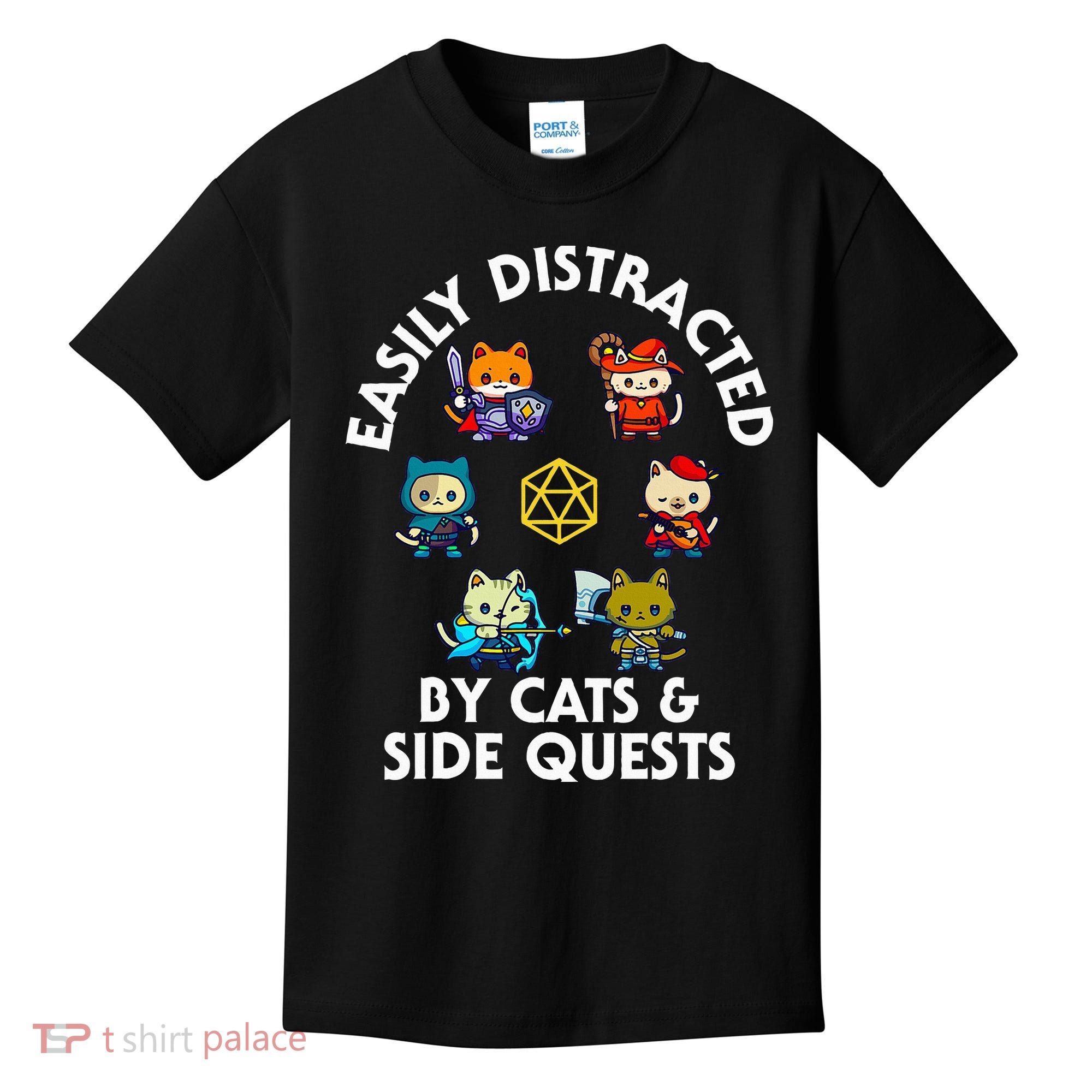 Rpg Gamer Cats Side Quests D20 Dice Nerdy Cat Kids T-Shirt