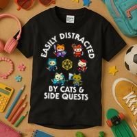 Rpg Gamer Cats Side Quests D20 Dice Nerdy Cat Kids T-Shirt thumb 3