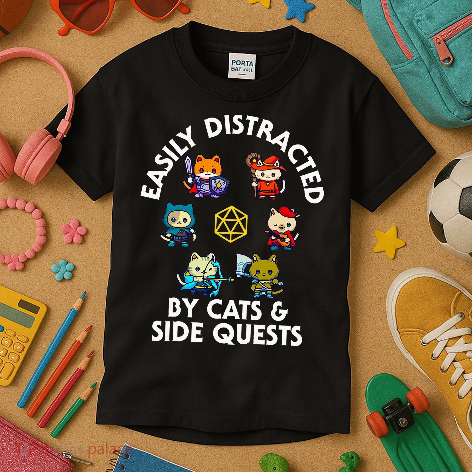 Rpg Gamer Cats Side Quests D20 Dice Nerdy Cat Kids T-Shirt