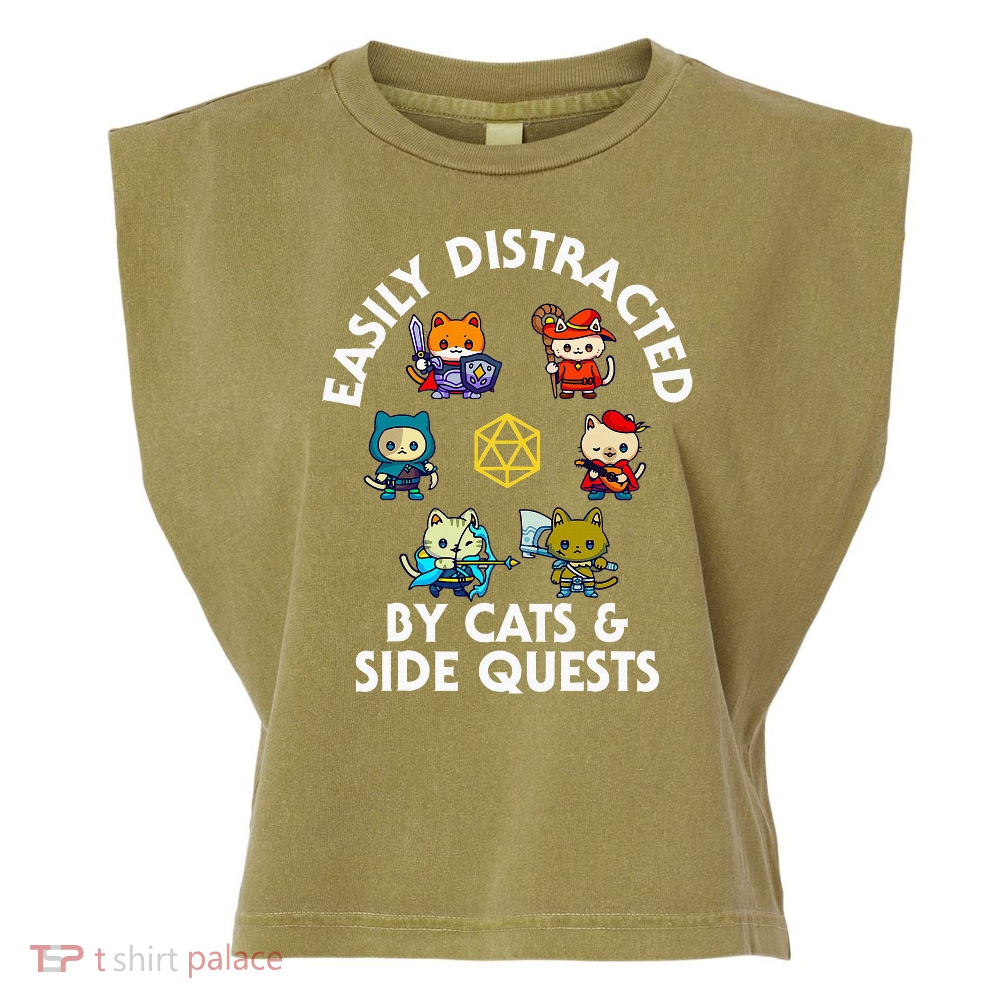 Rpg Gamer Cats Side Quests D20 Dice Nerdy Cat Garment-Dyed Women's Muscle Tee