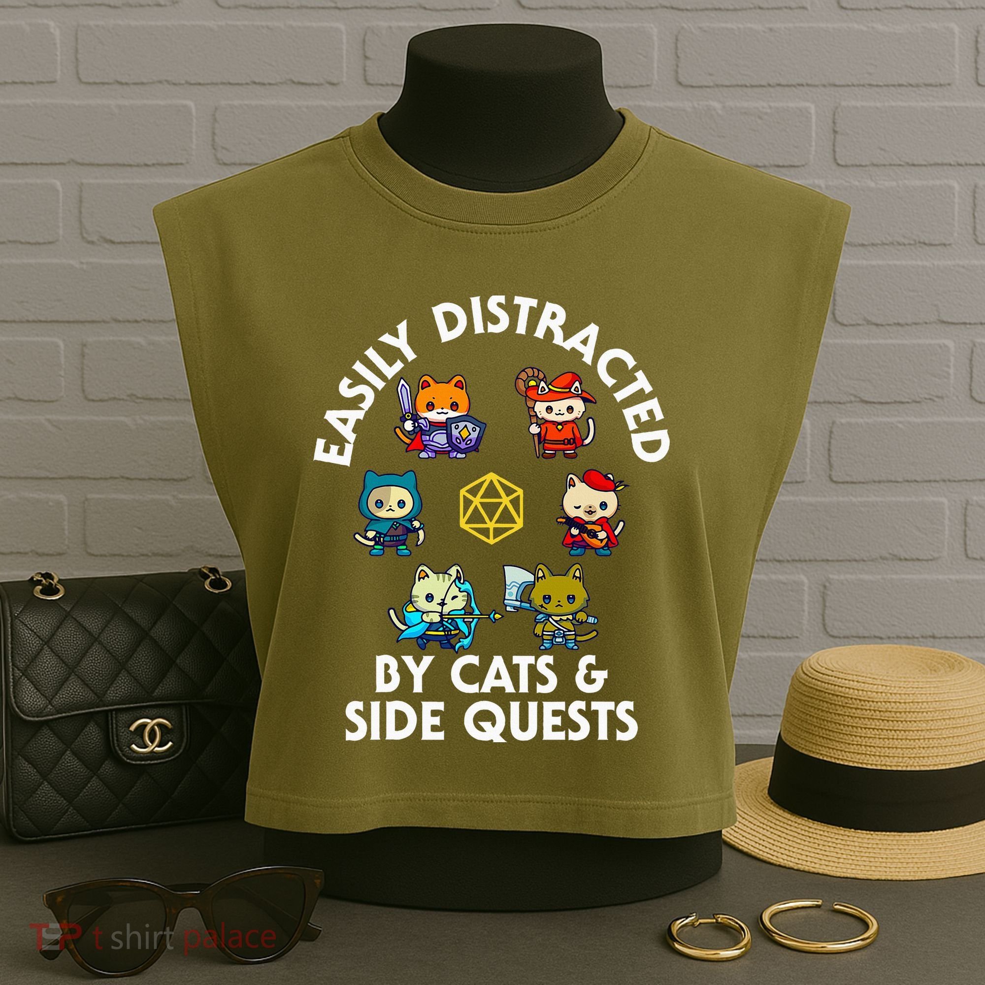 Rpg Gamer Cats Side Quests D20 Dice Nerdy Cat Garment-Dyed Women's Muscle Tee