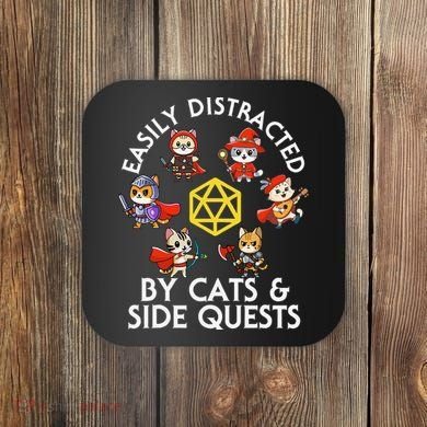 Rpg Gamer Cats Side Quests D20 Dice Nerdy Cat Coaster