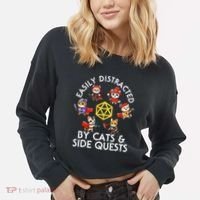 Rpg Gamer Cats Side Quests D20 Dice Nerdy Cat Cropped Pullover Crew thumb 2