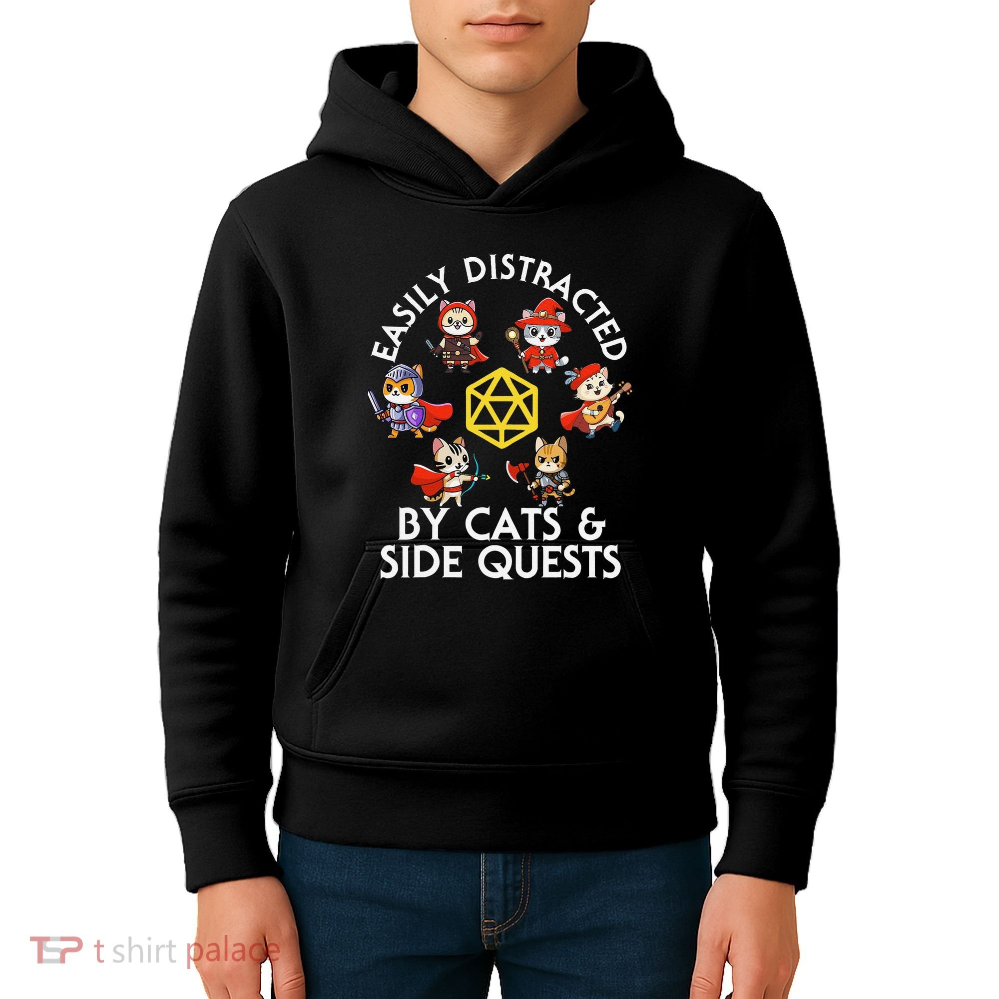 Rpg Gamer Cats Side Quests D20 Dice Nerdy Cat Kids Hoodie