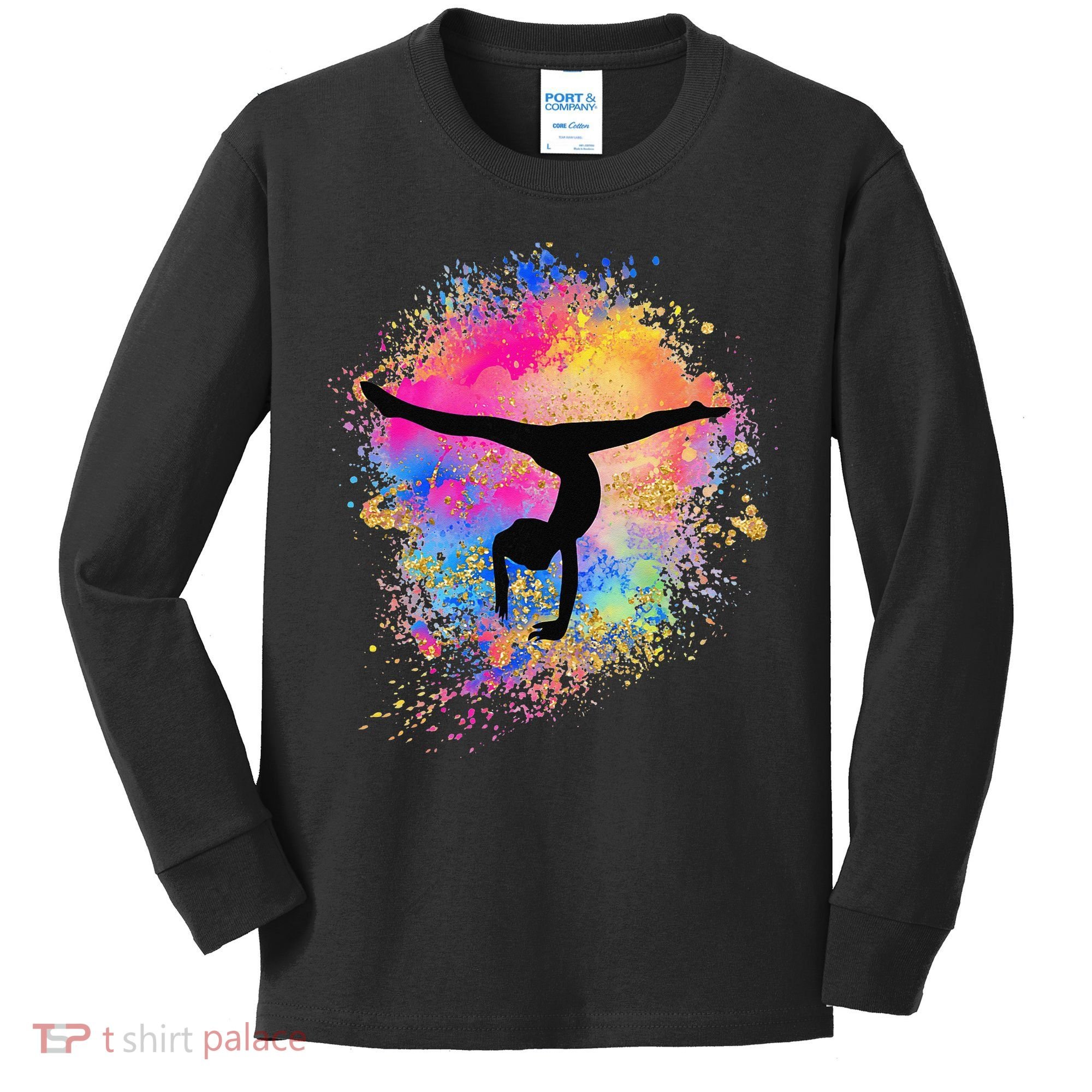 Rainbow Gymnastics Female Gymnast Silhouette HandStand Kids Long Sleeve Shirt
