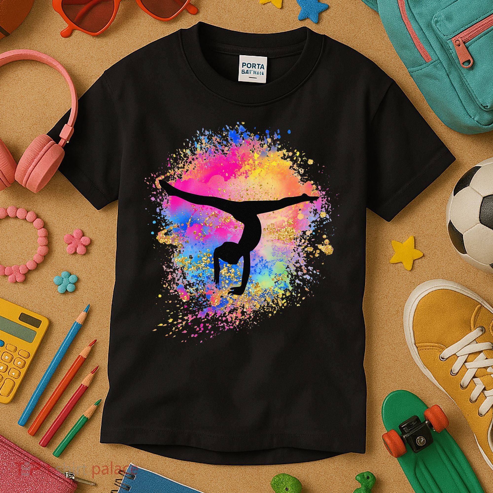 Rainbow Gymnastics Female Gymnast Silhouette HandStand Kids T-Shirt