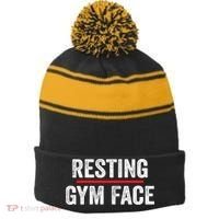 Resting Gym Face Funny Saying Workout Fitness Quotes Stripe Pom Pom Beanie thumb 0