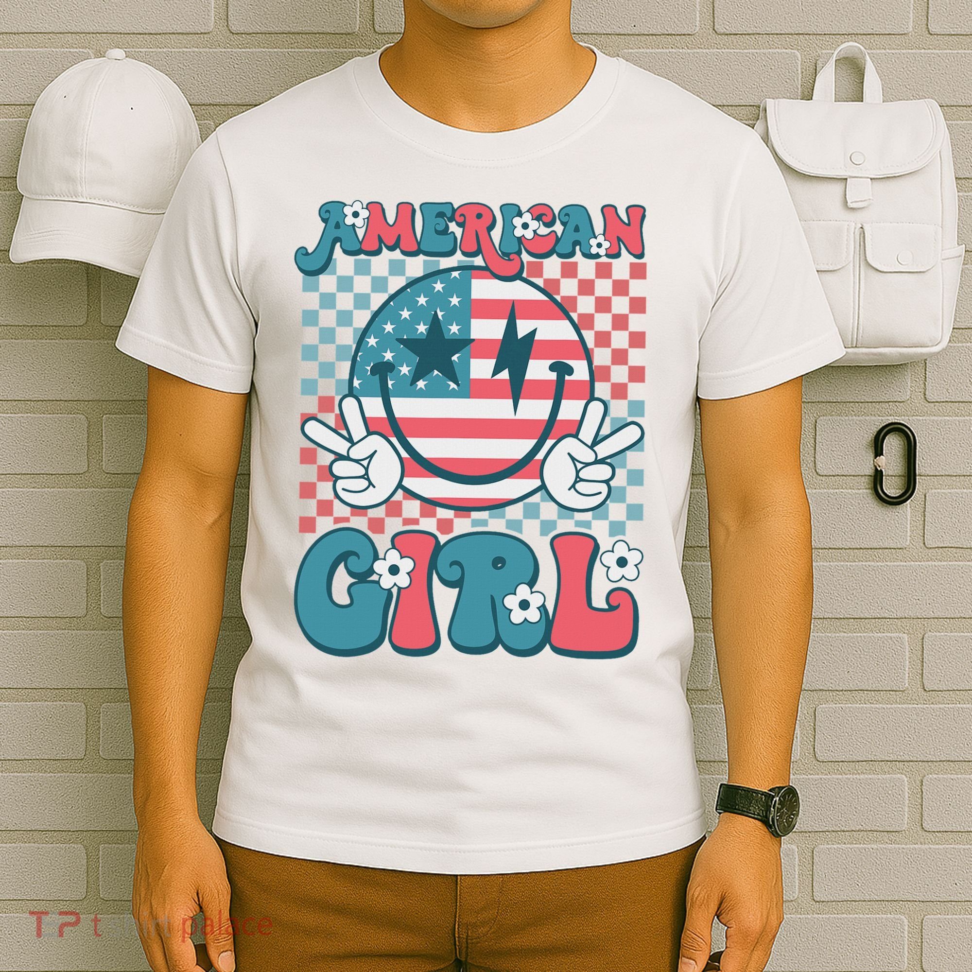 Retro Groovy Fourth 4th Of July Smile American Girl T-Shirt