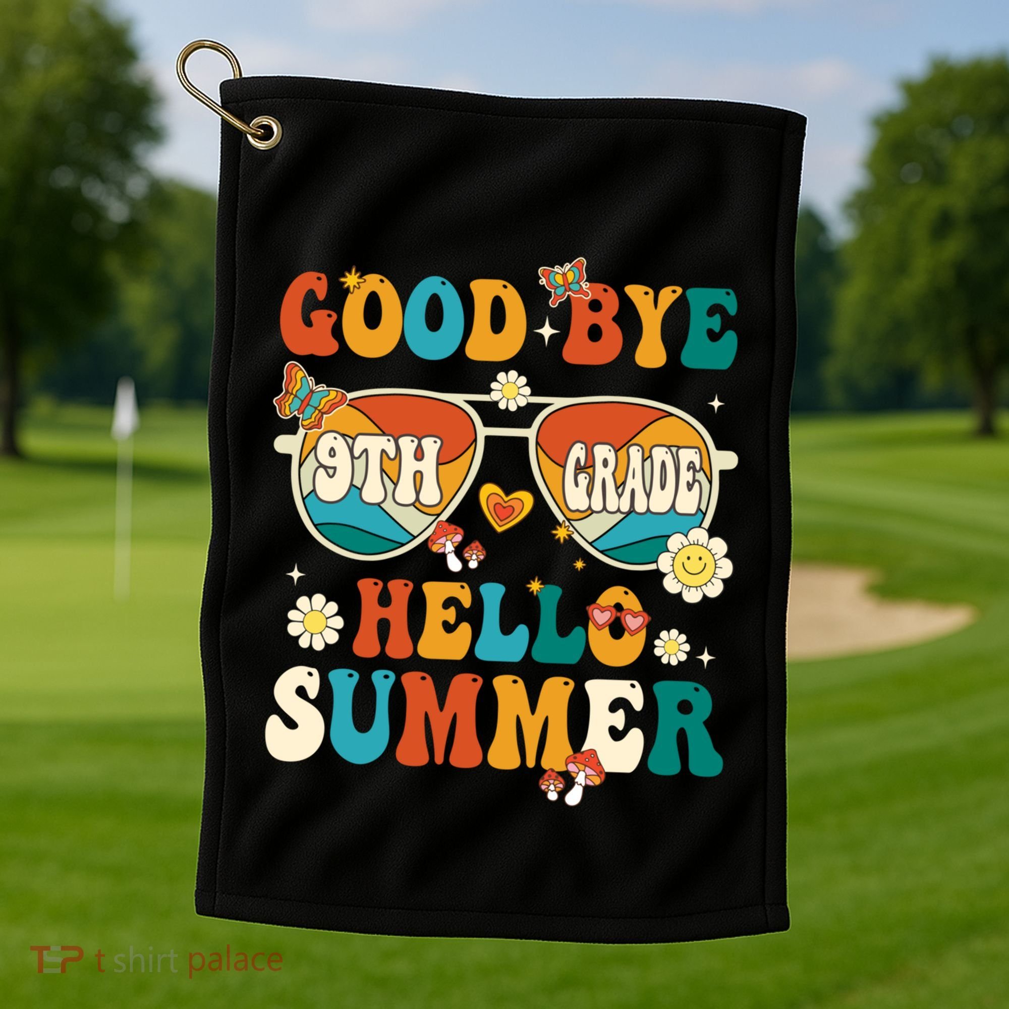 Retro Groovy Goodbye 9th Grade Graduation Hello Summer Funny Gift Golf Towel