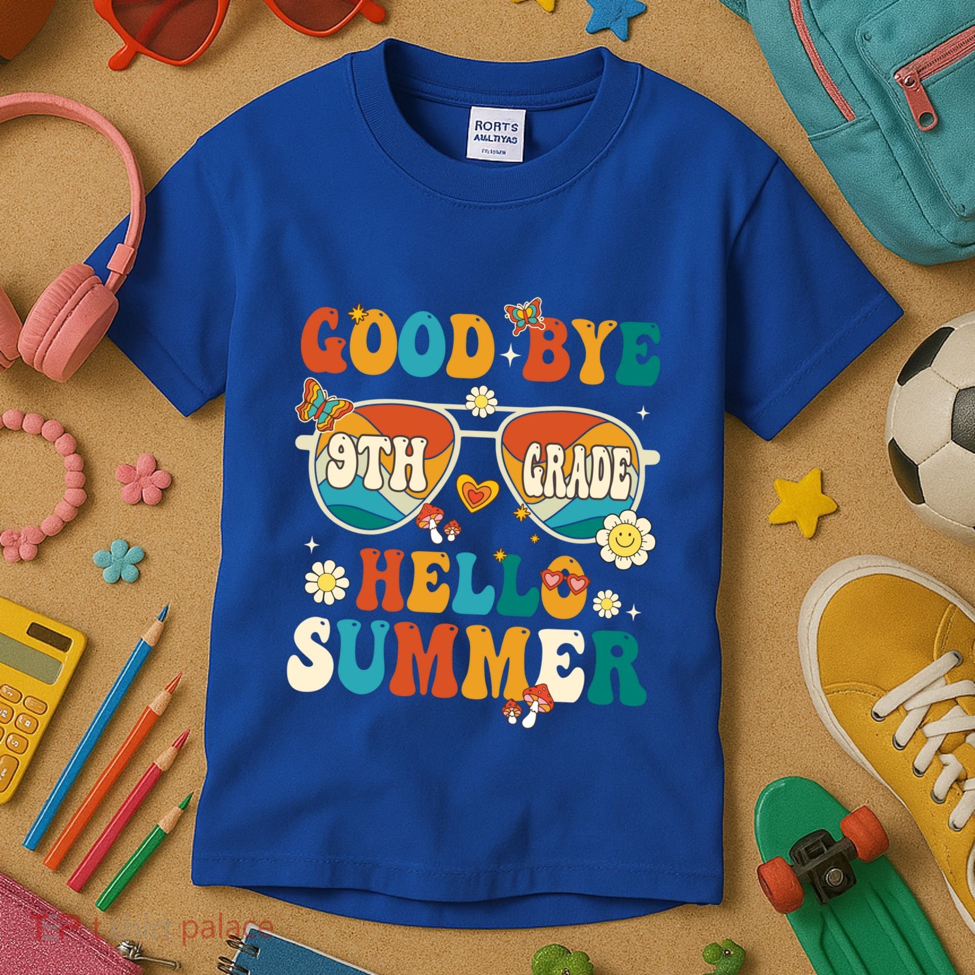 Retro Groovy Goodbye 9th Grade Graduation Hello Summer Funny Gift Kids T-Shirt