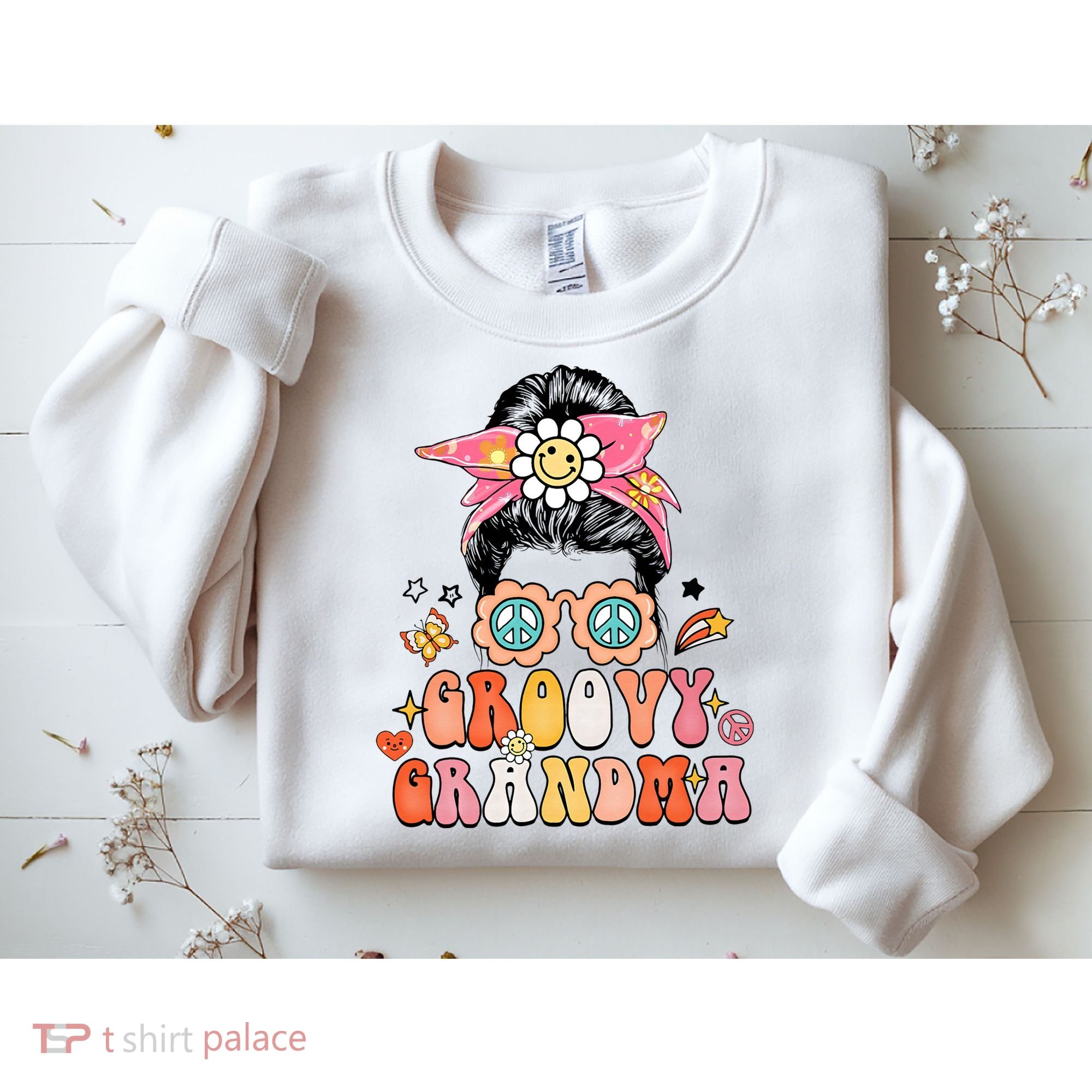 Retro Groovy Grandma Messy Bun  Hippie Family Matching Sweatshirt